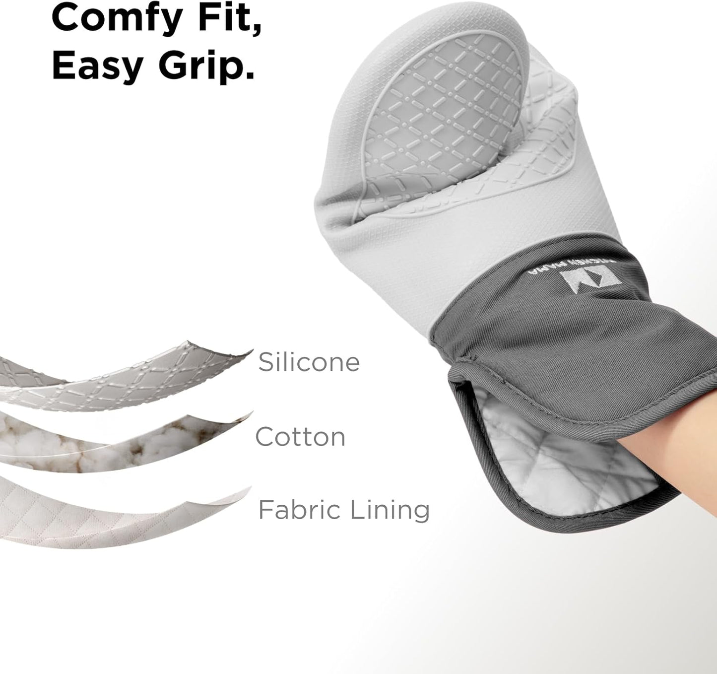 Kitchen Mama UltraShield Silicone Oven Mitts Heat Resistant – Non-Slip, Stain-Resistant, Silicone Cooking Mitts & Pot Holders for Baking, Grilling, Heat Resistant Cooking Gloves (Metal Gray)