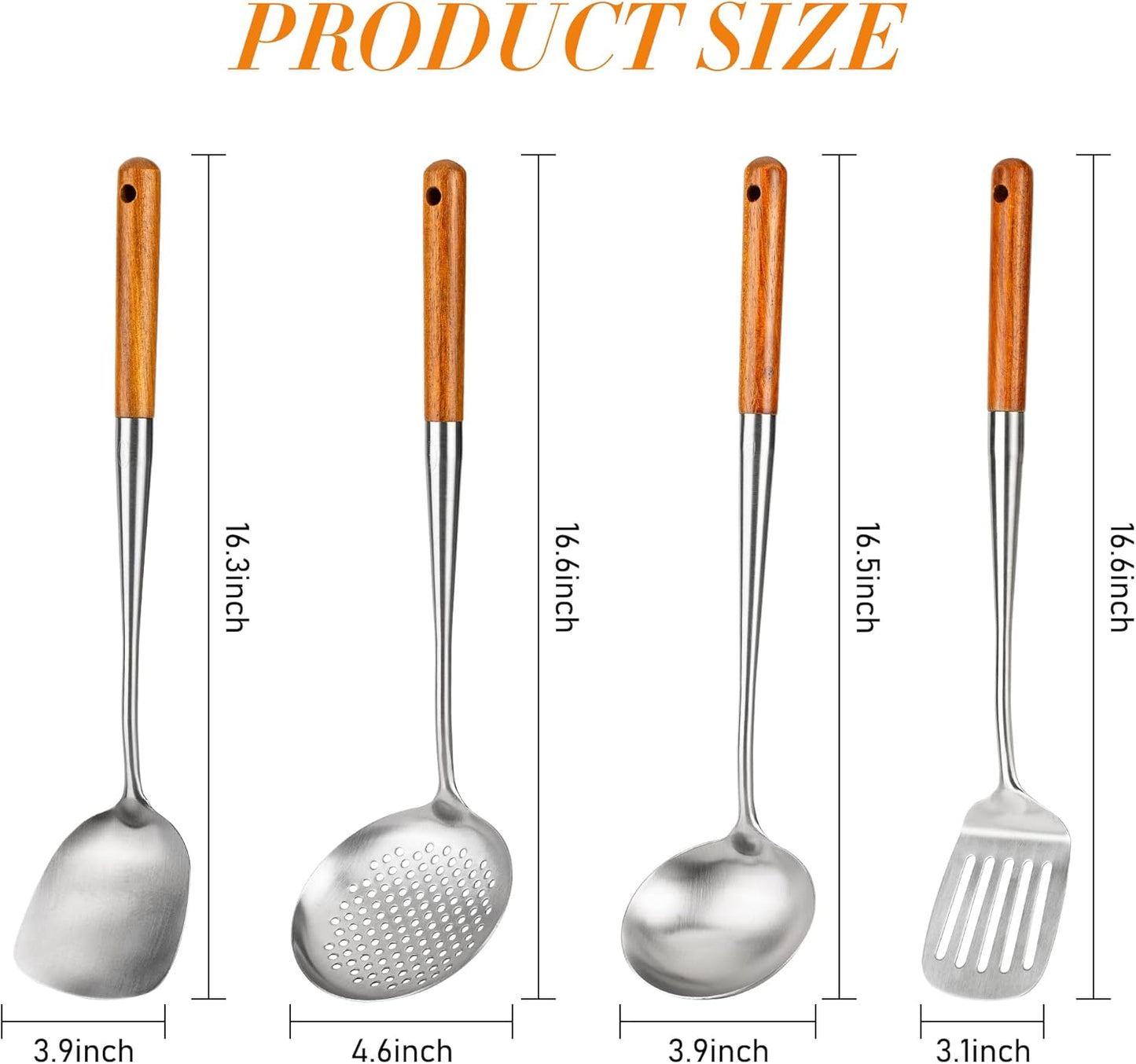 FJNATINH 17inch Wok Spatula and Ladle, Skimmer Spoon, Slotted Turner Spatula Set 304 Stainless Steel Kitchen Utensils Sets, 4-Pieces Cooking Utensils Tools Wok Accessories