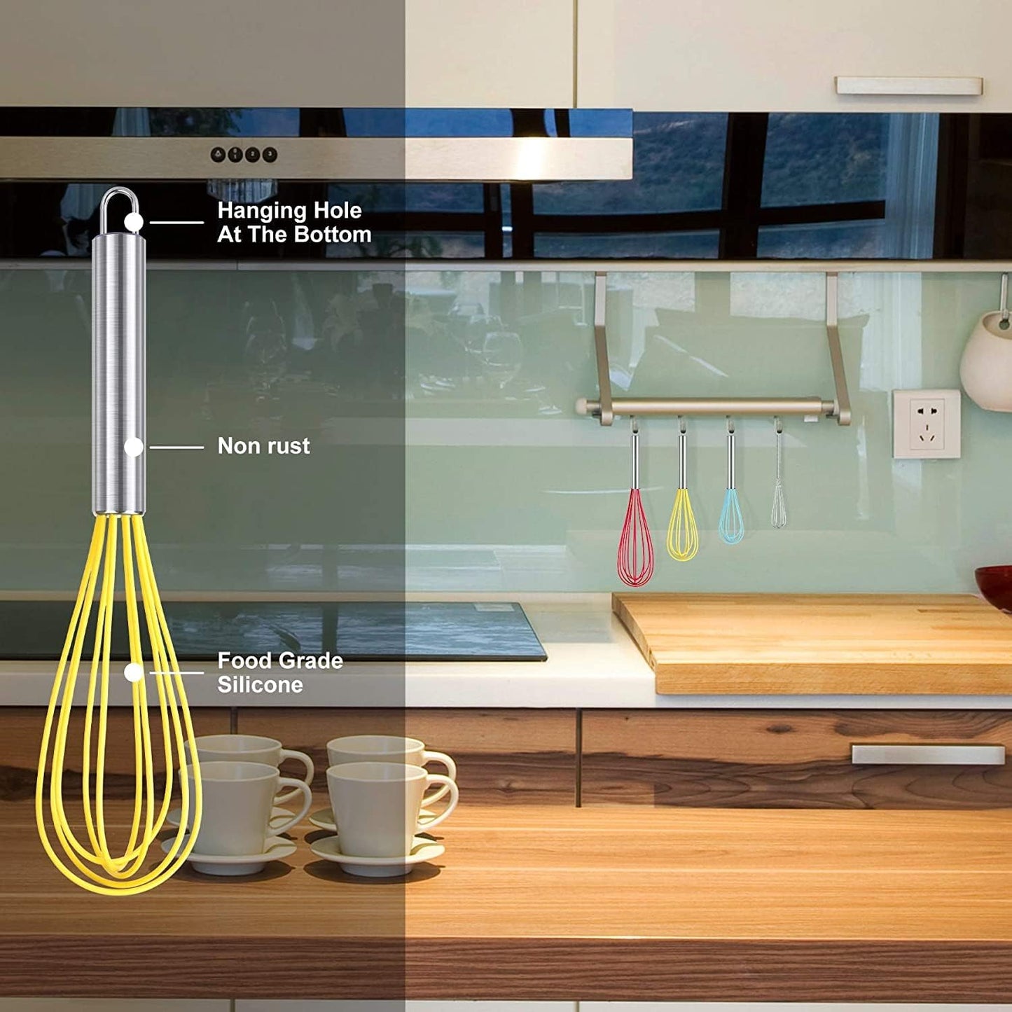 HOTEC 4 Pieces Silicone Whisks Set, Wire Balloon Whisks Egg Beater, Non-slip Handle Whisk for Non-stick Cookware Perfect for Cooking, Stirring, Beating and Blending (Multicolor)