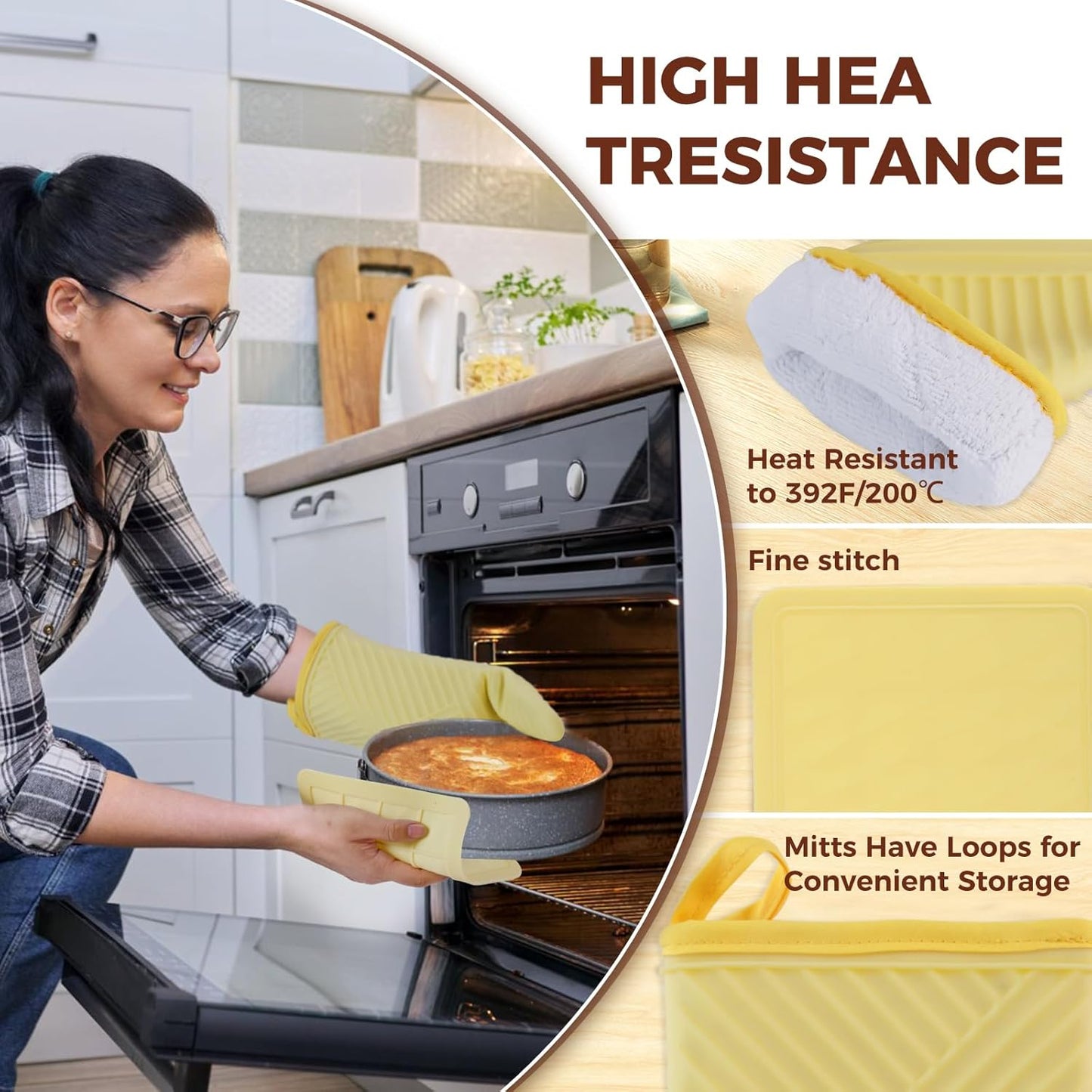 Set of 4 Oven Mitts and Pot Holder Heavy and Tall Kitchen Cotton Gloves Lined Towelcloth, Gloves Length 40cm, Pot Holder Width 20cm Diameter Round… (Yellow Silicone)