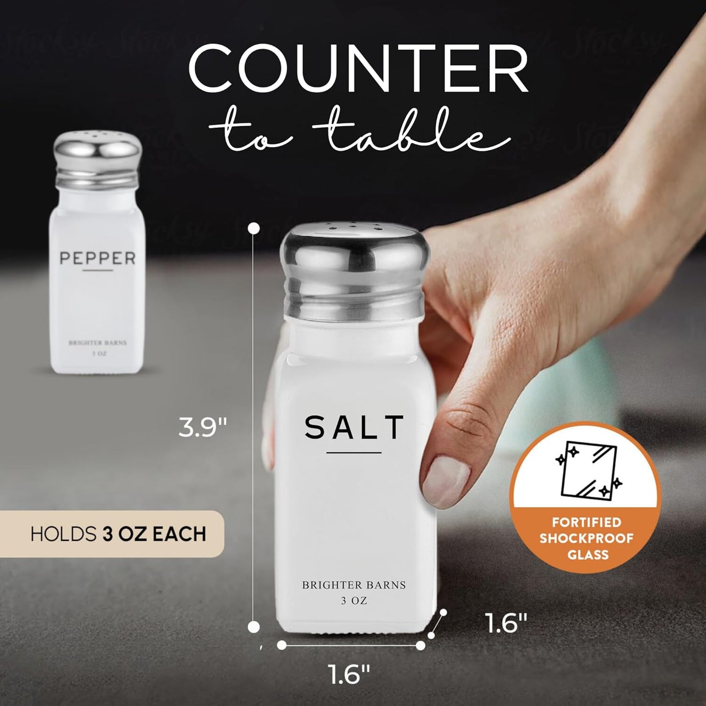 White Salt and Pepper Shakers Set by Brighter Barns - Dining Table Decor, Countertop Accessory - Neutral Minimalist Glass Salt Shaker - Modern Kitchen Accessories for Restaurant, Hotel, Airbnb (White)