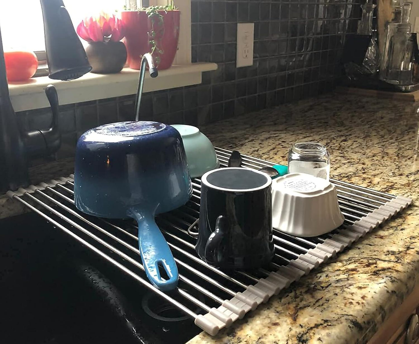 Ahyuan Roll up Dish Drying Rack Over The Sink Kitchen Roll up Sink Drying Rack Portable Dish Drainer Foldable Dish Drying Rack (Warm Gray, 17.8''X17'')