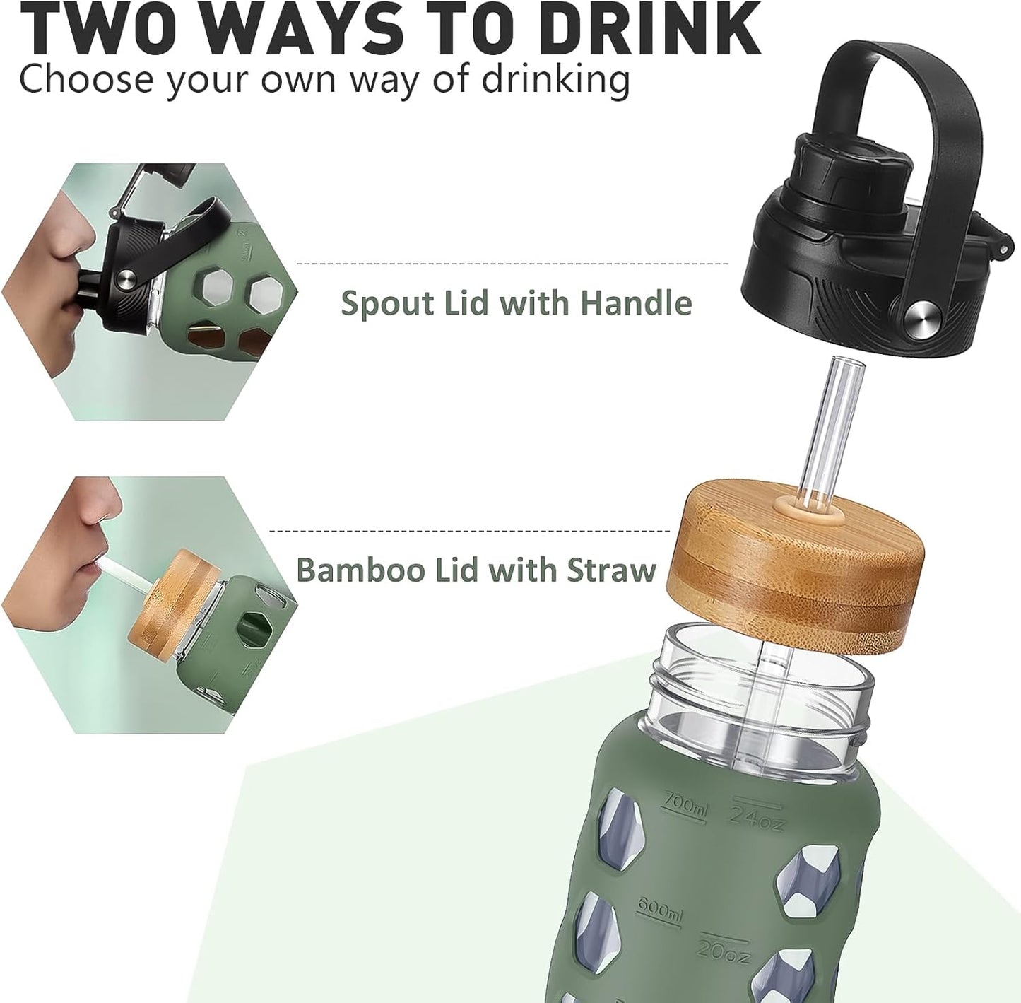 MUKOKO Glass Water Bottles, 24oz Glass Tumbler with Straw, Drinking Bottles with 2 Lids-Handle Spout Lid&Bamboo Straw Lid, Motivational Water Bottle with Time Marker and Silicone Sleeve, 1 Pack-Olive