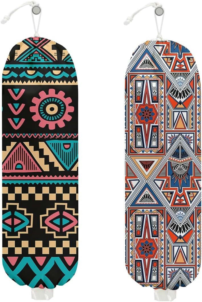 2 Pcs Retro Boho Plastic Bag Holder, Wall Mount Grocery Bag Holder for Plastic Storage bag, Abstract Art Farmhouse Kitchen Decor Reusable Grocery Bags Organizer Storage Dispenser, Gifts for Women