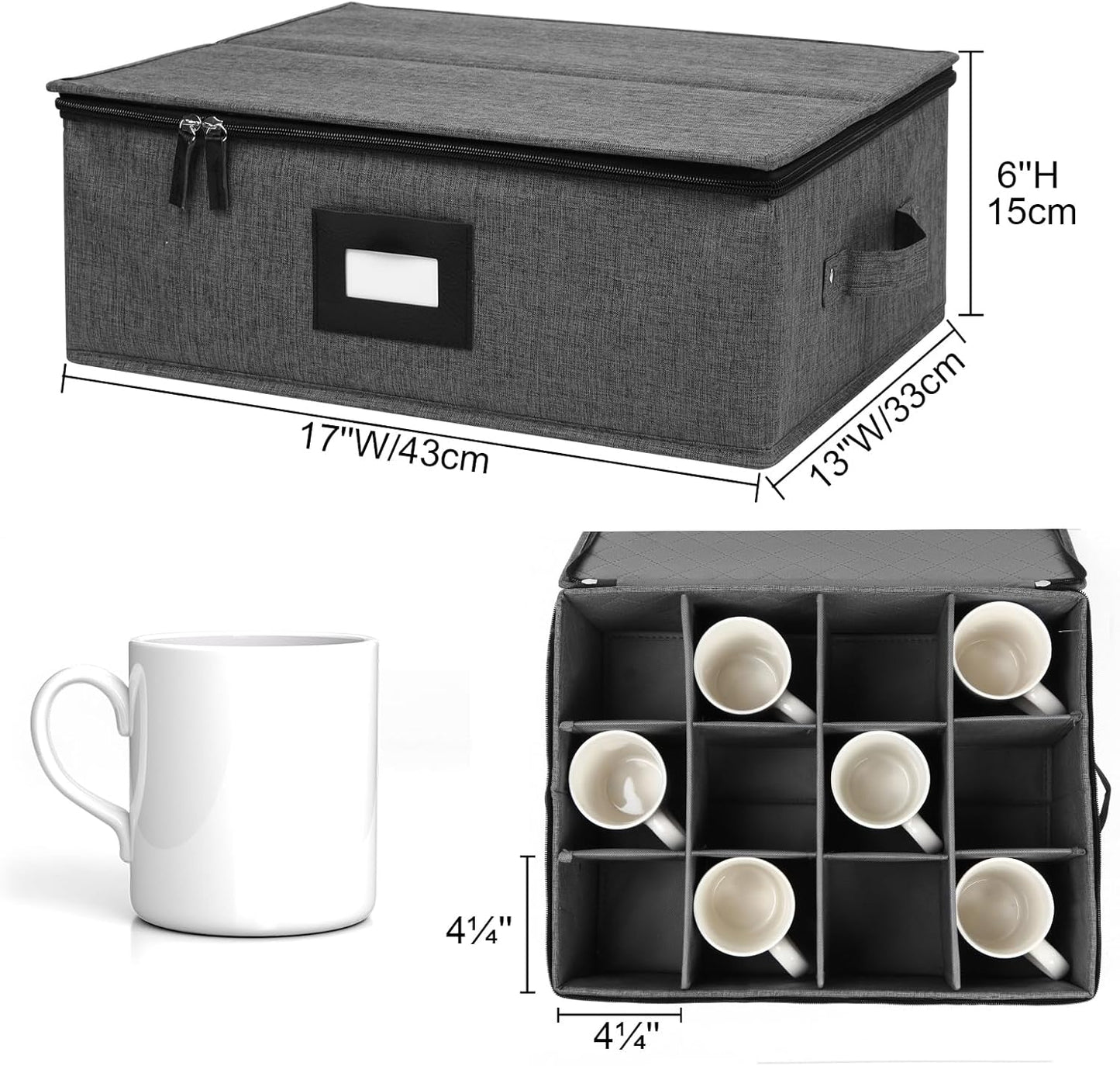 Cup and Mug Storage Box 2Pack, China Storage Containers for 12 Tea Cups or Coffee Mugs with Zipper Lid and Rivet Reinforced Handles, Hard Shell and Stackable (Black)