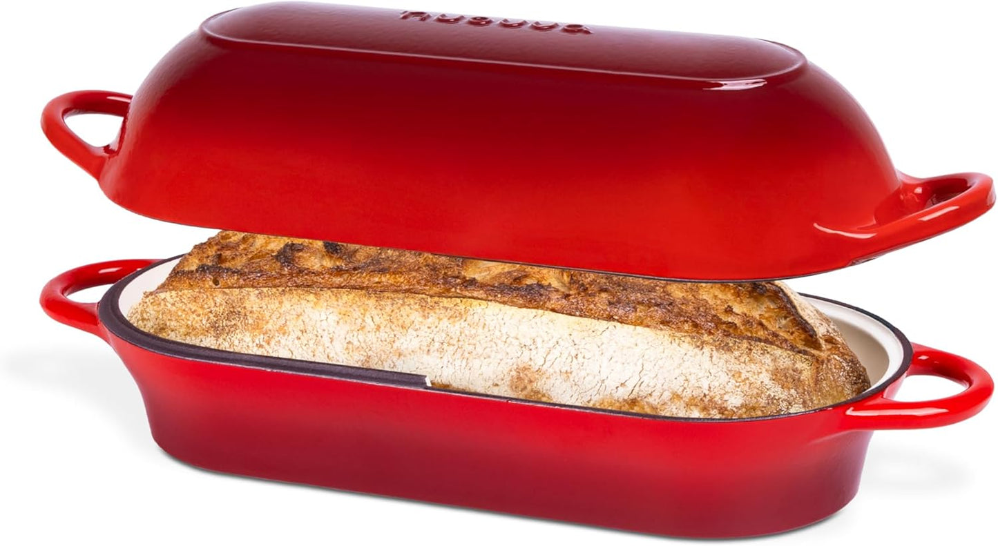 Enamelled Cast Iron Bread Loaf Pot – Dutch Oven For Sourdough Bread Baking – Oven Safe Non Stick Bread Pot – Rectangular, Red, 34cm x 16cm – by Nuovva