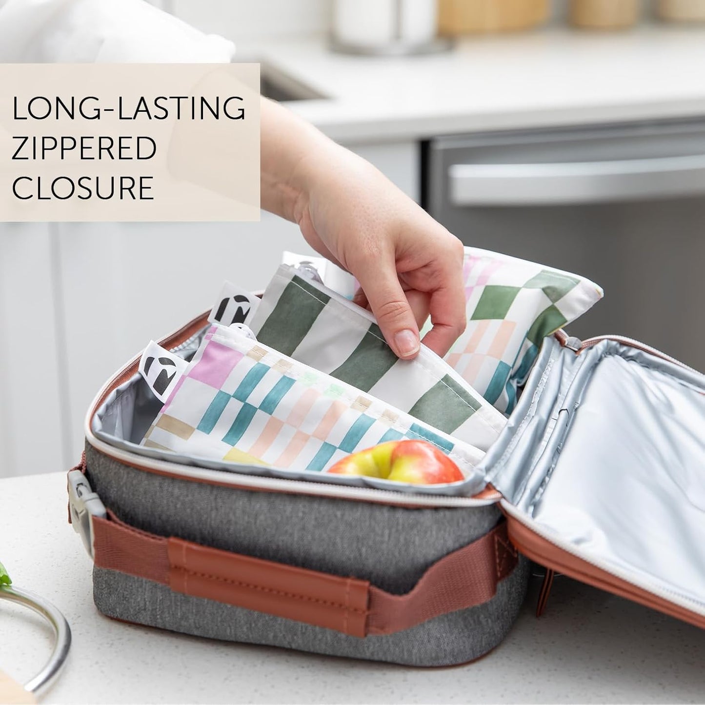 Roamio Reusable Sandwich and Snack Bags, for Kids School Lunch and for Adults Portion, Washable Fabric, Waterproof Cloth Zip Bag, Pack Travel Pouch, Food-Safe, 4-pack Set Green Stripe and Multi Check