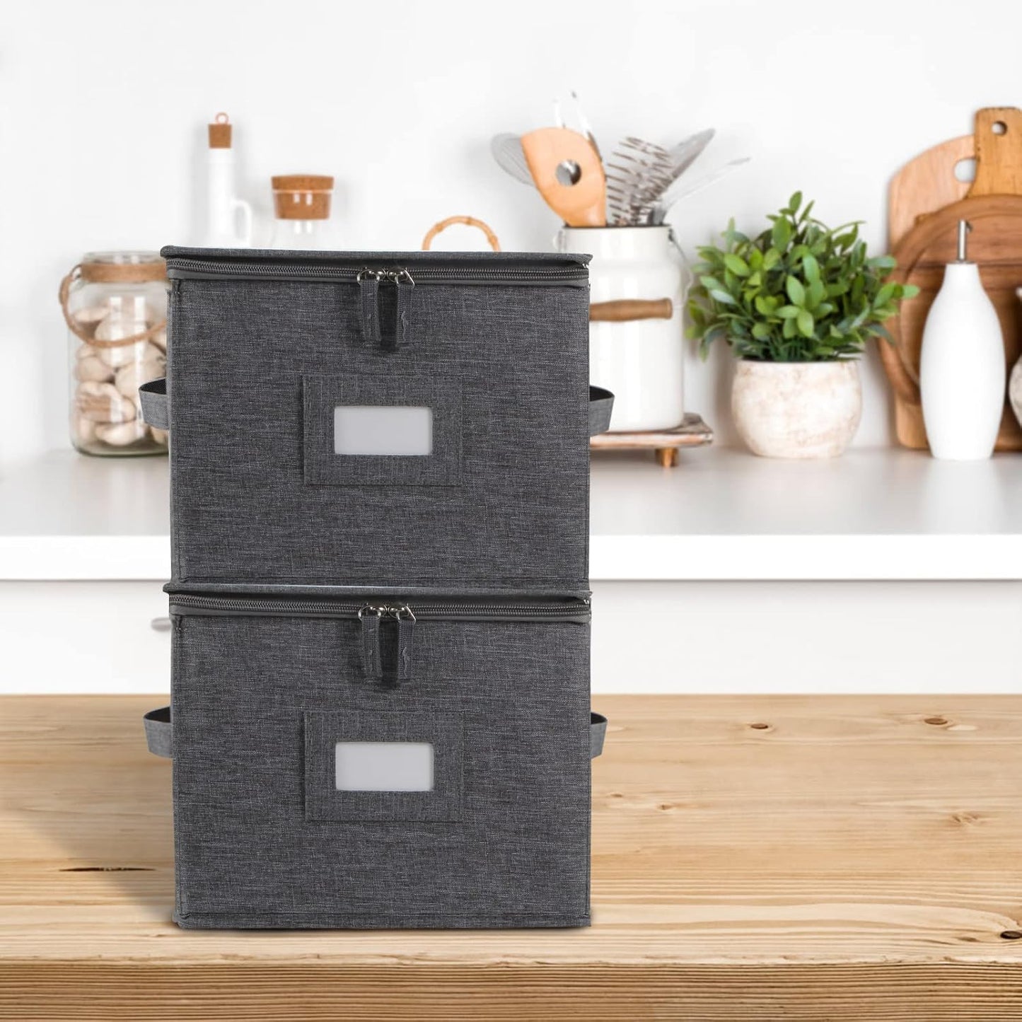 popoly 7" Saucer Storage Case 2 Pack, China Storage Container with 24 Felt Dividers for Bowls and Appetizer Plates, Stackable with Hard Shell on all sides (Grey)