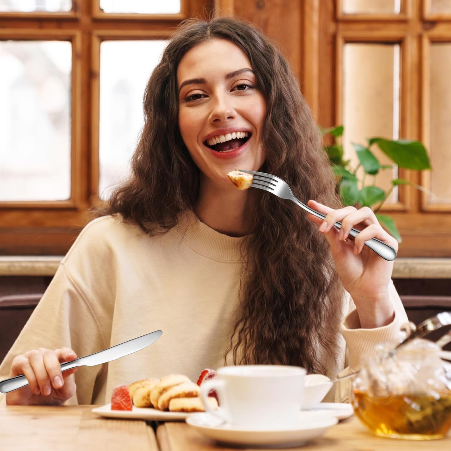 Nuenen 100 Pieces Stainless Steel forks and knives Dinner Flatware Set Tableware Cutlery for Butter Kitchen Restaurant, Dishwasher Safe(Silver,9.06 Inches, 8.07 Inches)