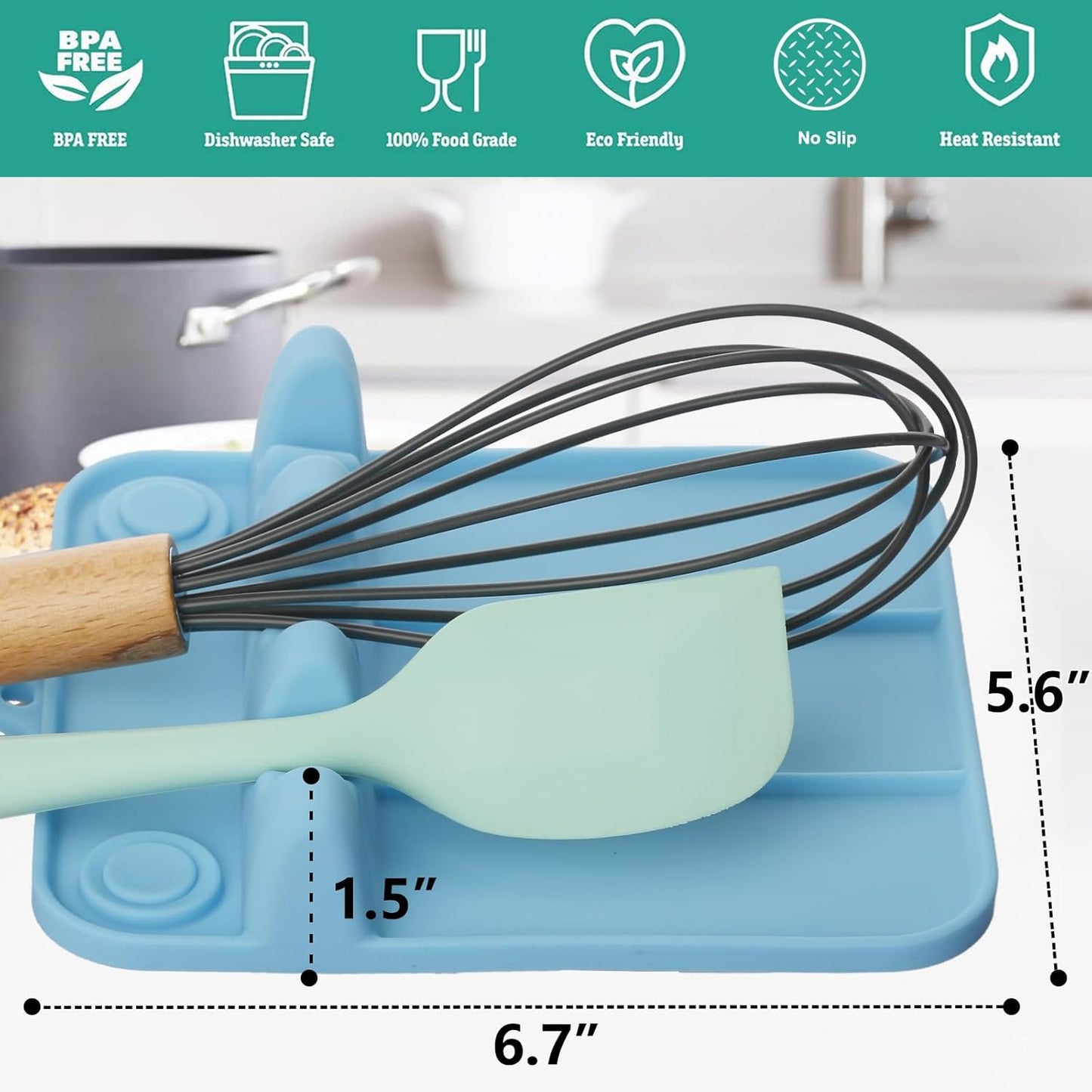 Spoon Rest, Silicone Spoon Holder for Stove Top with Drip Pad Suitable for Multiple Kitchen Gadgets, 3-Groove Upgraded Utensil Rest for Kitchen Counter, Heat-Resistant Dishwasher Safe, Lake Blue