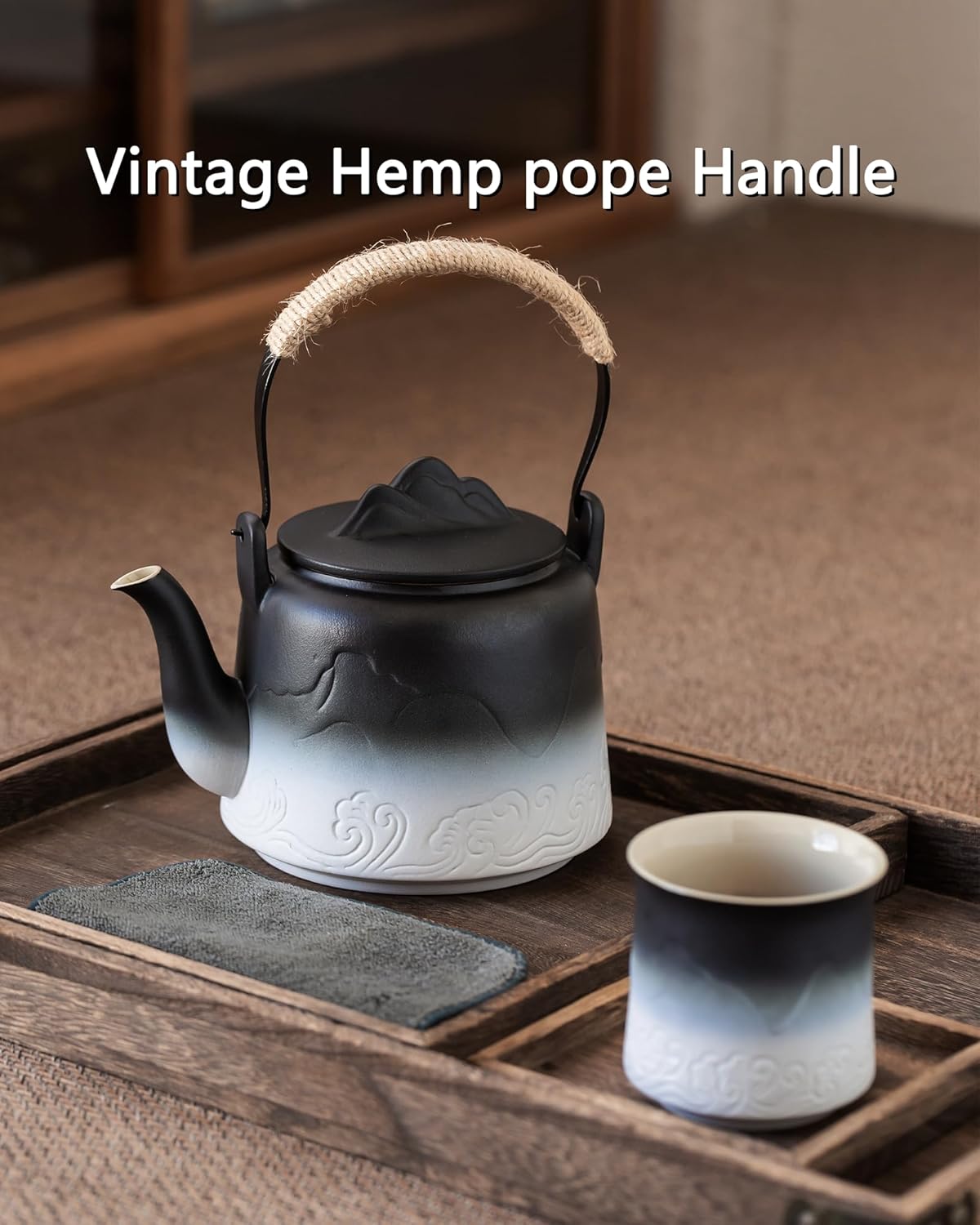 ZENS Vintage Japanese Teapot, 33.8 oz Gradient Embossed Ceramic Loose Leaf Tea Pot with Built-in Filter for Tea Steeper, Hemp Rope Handle Japanese Teapot for Tea Lovers Gifts, Black & White