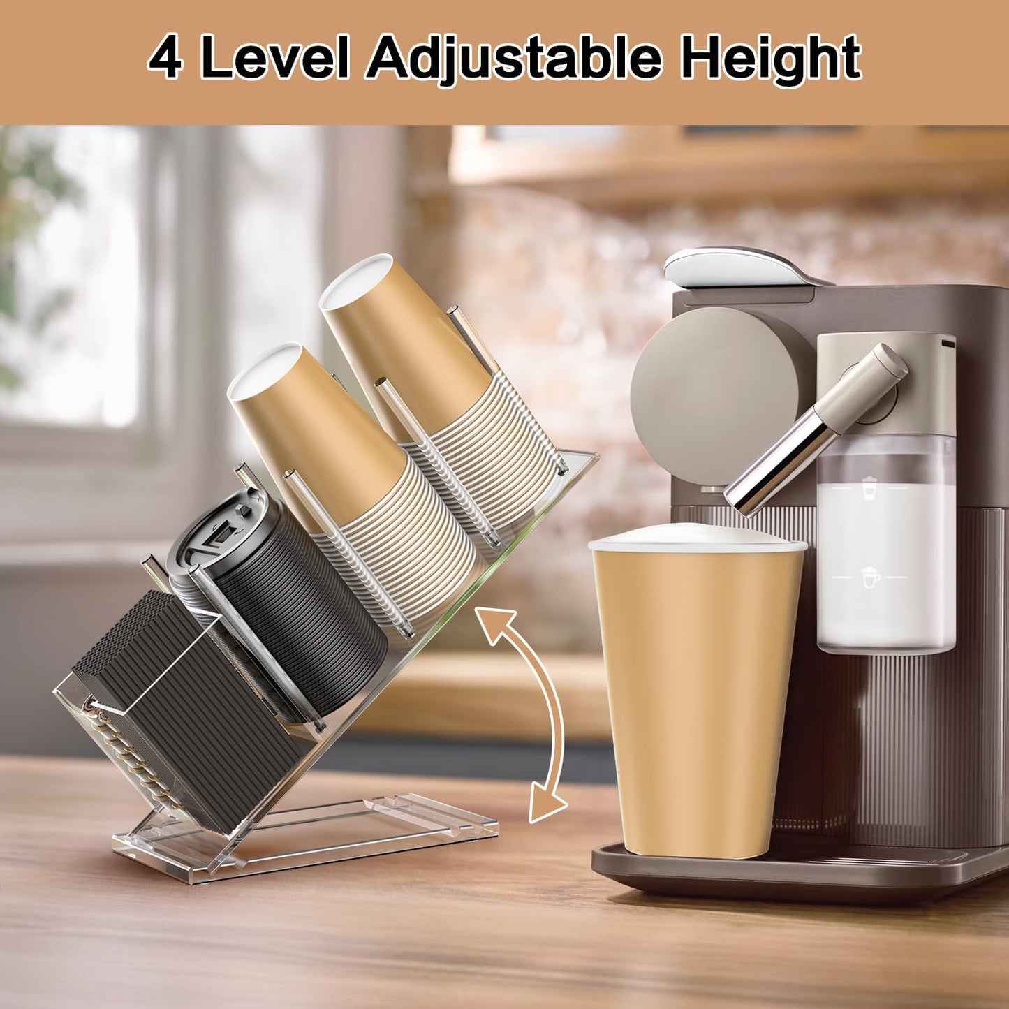 Acrylic Cup and Lid Holder with Straw Organizer, Adjustable Coffee Cup Holder Organizer, 5 Compartment Cup Dispenser for Disposable Paper & Plastic Cups, for Station Home Countertop Bar Breakroom