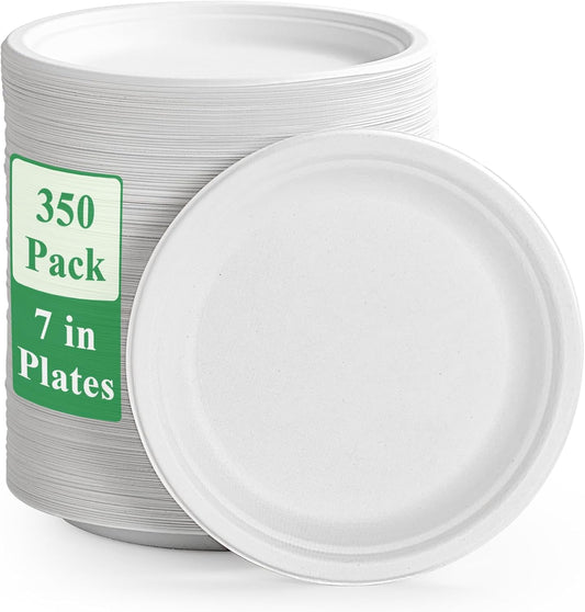 Vplus 350 Pack Paper Plates 7 inch 100% Compostable, Heavy-Duty Disposable Paper Plates Bagasse Natural Biodegradable Eco-Friendly Sugarcane(White)