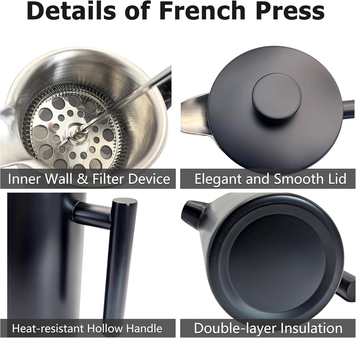 YJX 34oz Coffee Maker, Stainless Steel French Press, 1 Liter Camping Coffee Pot, Tea Maker, 34 Ounce Travel Coffee Presses, Heat Resistant Double Insulated (Black)