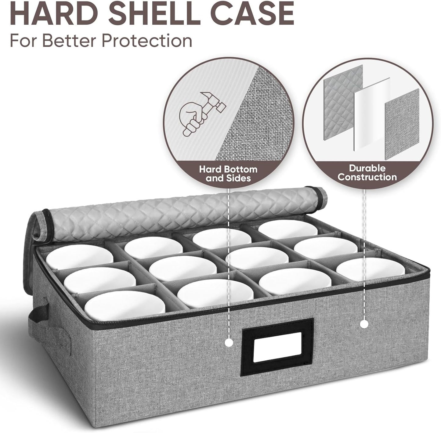 BALEINE China Storage Containers, Sturdy Quilted Wine Glass Storage, Plate Organizer with Carry Handles, Moving Boxes for Dishes, Cups, Mugs and Stemware (Mug, Hard Shell Grey)