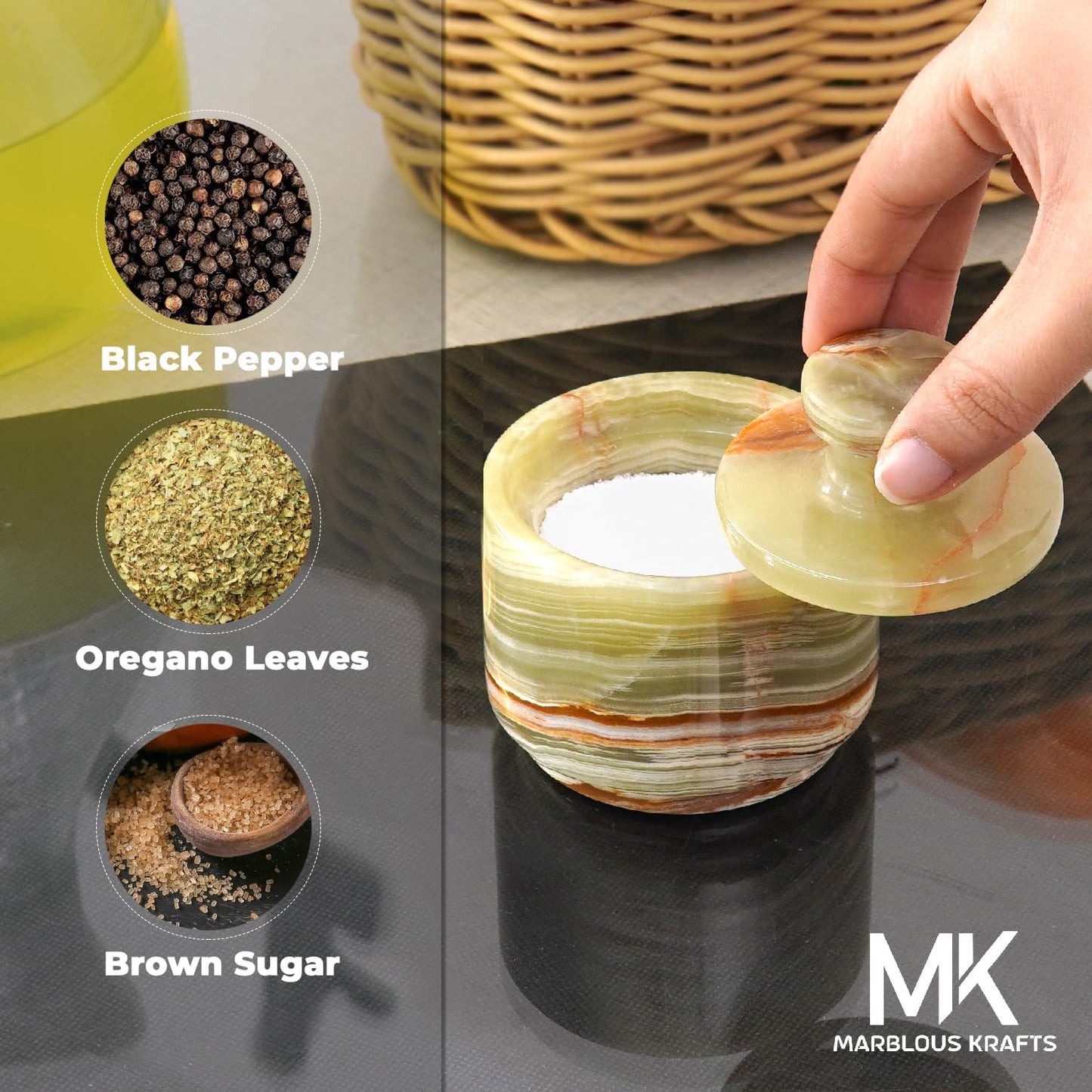 Marble Salt Cellar with Lid 3" Green Onyx Stone Salt Holder for Counter & Stone Salt Container, Salt Dish, Salt Box & Spice Jar