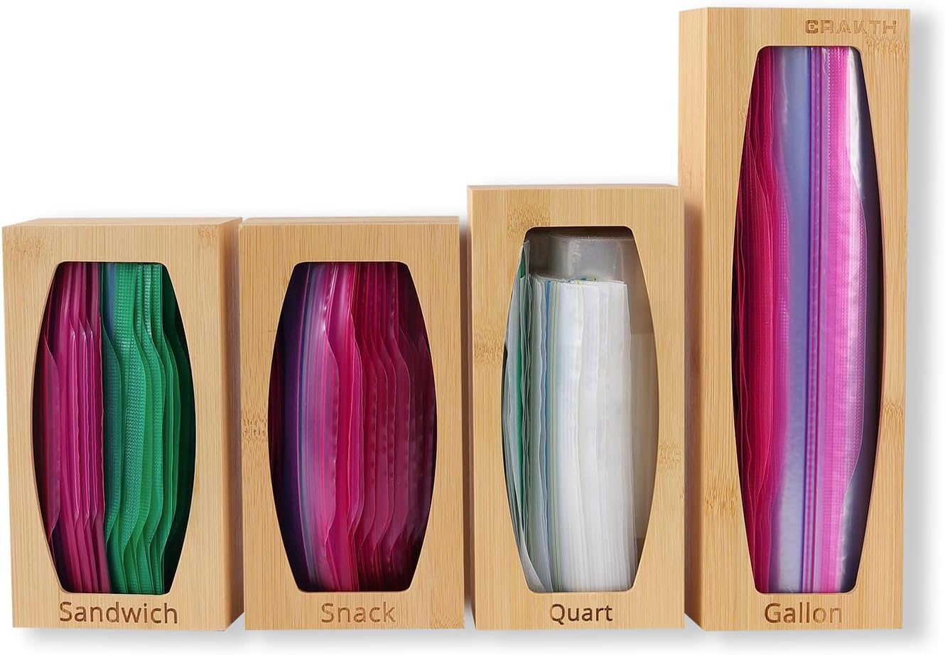 Bamboo Plastic Bag Storage Organizer for Kitchen Drawer, 4 Separate Baggie Organizer, Suitable for Gallon, Quart, Sandwich & Snack Variety Size Bag