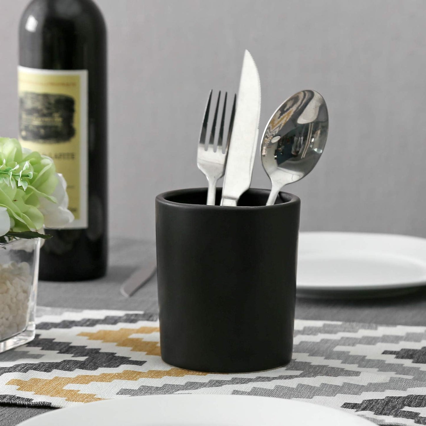 MyGift Set of 2 Black Ceramic Utensil Holder Kitchen Canister Cooking Tools Crock, Large and Small Countertop Silverware Caddy