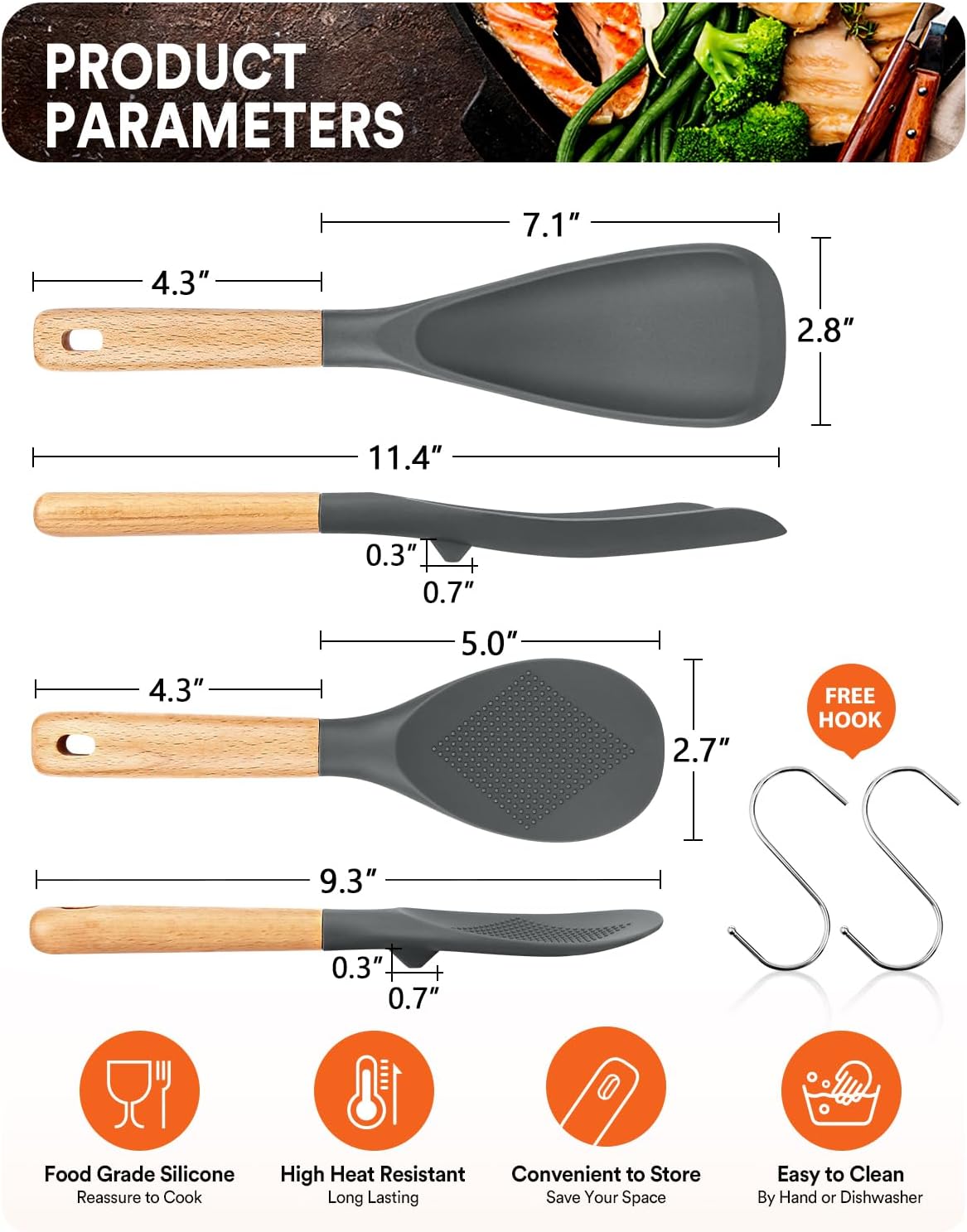 Cooking Spoon and Rice Scooper for Nonstick Cookwares, Great for Cooking and Serving Sturdy BPA-Free Matte Silicone, Wood Handle Spoon for Mixing, Scoop, and Scrape (GREY)