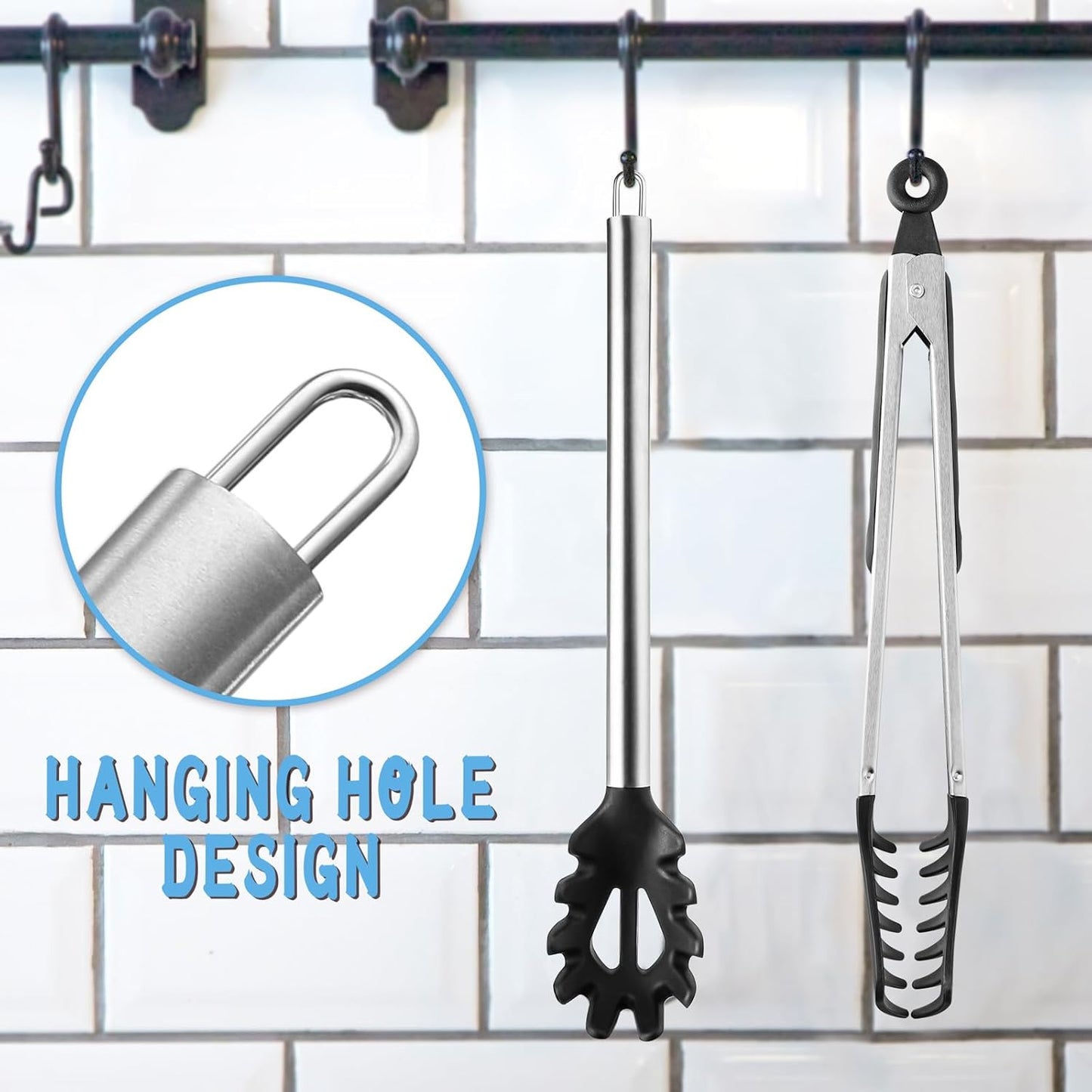 Spaghetti Spoon and Pasta Tong Set, Silicone Pasta Fork with Stainless Steel Handle and Pasta Measuring Instrument, Toothed Pasta Spoon, Pasta Cooking Tool