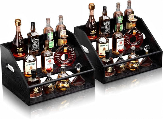 2Pack 3 Tier Wood Liquor Bottle Display Shelf, Coffee Syrup Organizer Rack, Wine Racks Countertop, Bar Shelf for Vodka Tequila Whiskey, Liquor Cabinet for Home Decor, Mini Bar, Black Bar Organizer