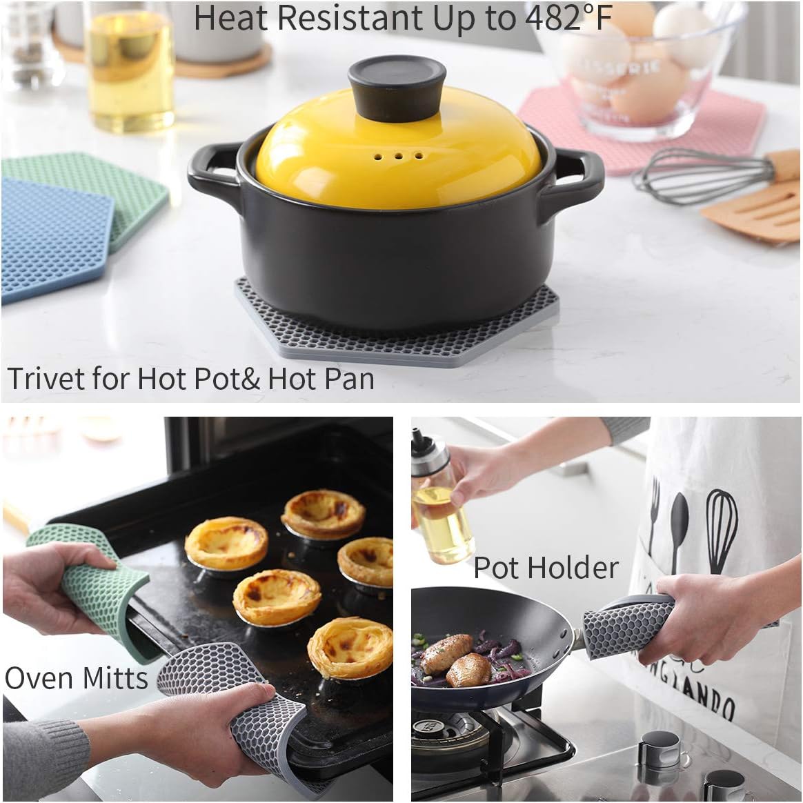 4 Packed Silicone Trivet Mats - DIY Different Size Dish Drying Mat, Hot Pot Holder for Pots & Pans, Non-Slip & Heat Resistant Kitchen Hot Pads for Countertops & Table,Grey