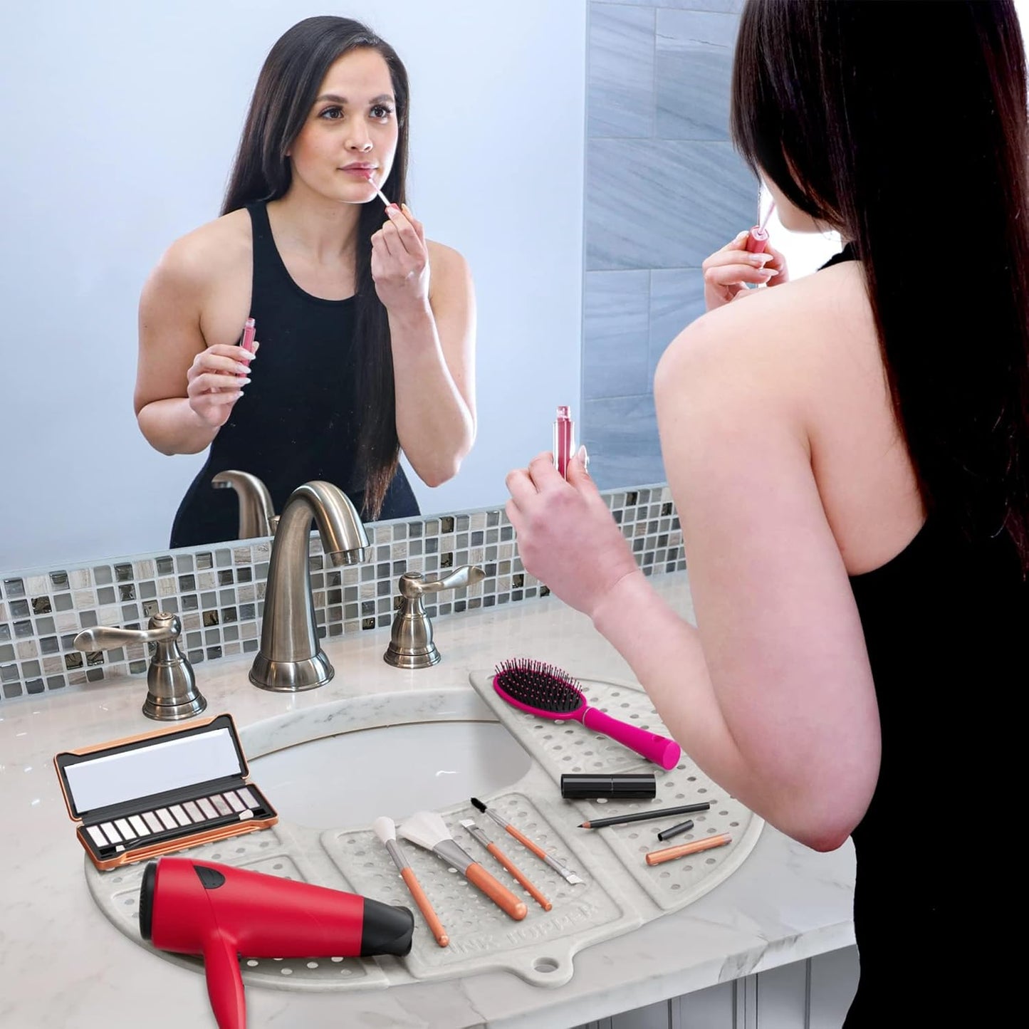 Sink Topper Bathroom Counter Cover & Storage Saver, Foldable Silicone Mat for Hot Tools, Hair Styling & Makeup, Beauty Brush Cleaning Mat, RV Camper Sink Cover & for Small Spaces (Standard Pearl)