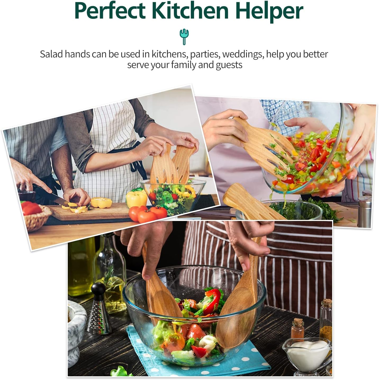 Salad Servers Salad Hands Set, Wood Salad Tongs, 10.2in Salad Spoon Fork and 7.1in Salad Hands Set, Salad Server Set for Mixing, Tossing and Cooking (Salad Server Salad Hand Set)