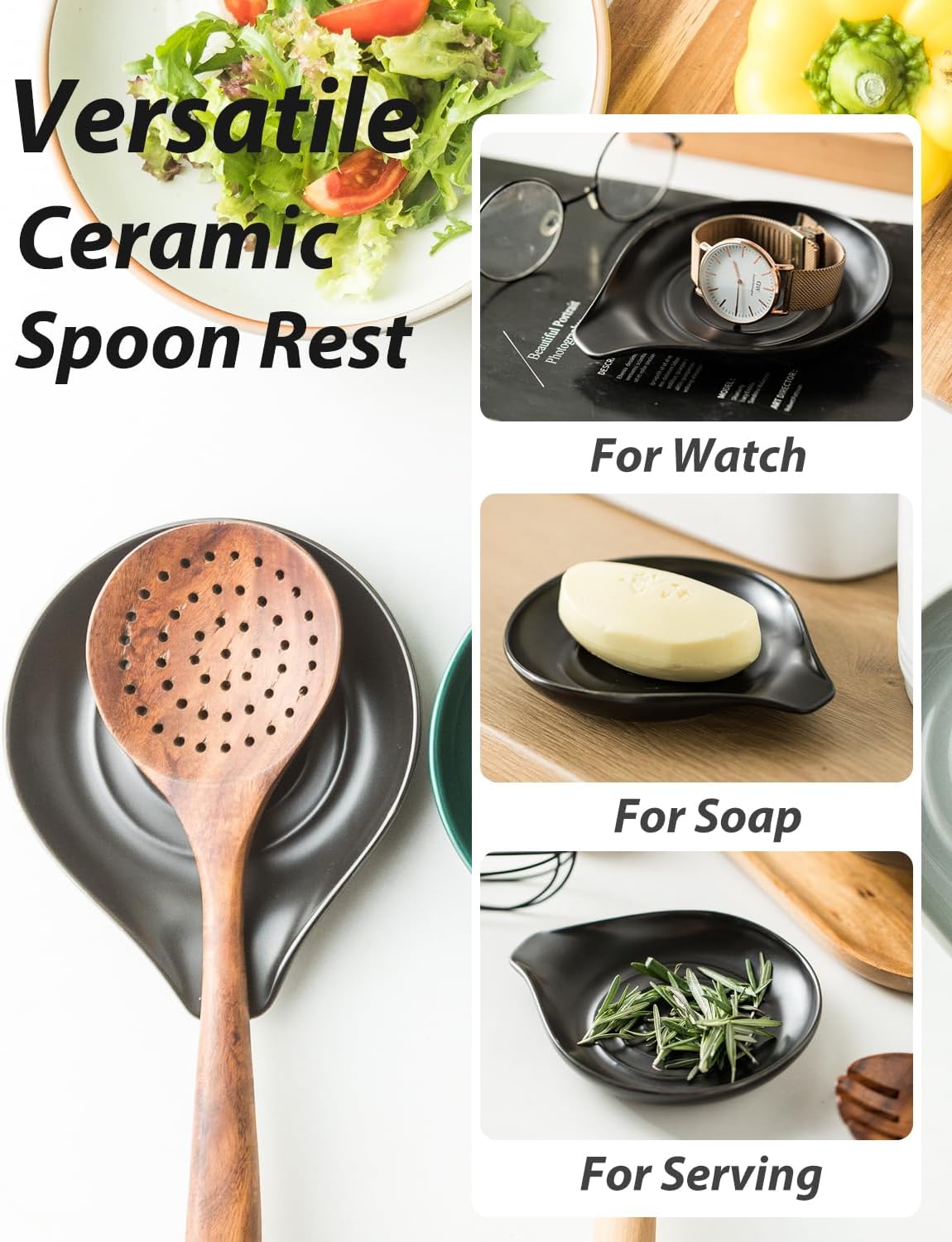 LAUCHUH Spoon Rest, Cooking Spoon Holder for Stove Top Large Kitchen Spatula Holder for Spoons, Ladles, Tongs, Christmas, Set of 2, Black