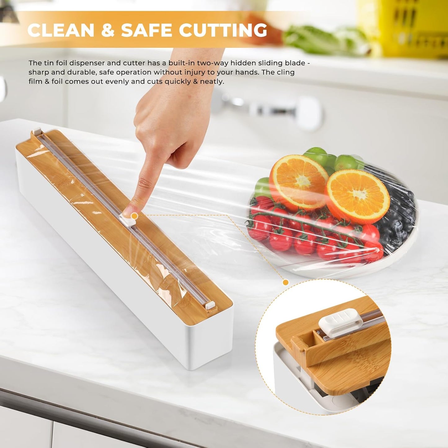 Magnetic Plastic Wrap Dispenser with Cutter - Quasziwa Upgrade Practical Refillable Cling Wrap Aluminum Tin Foil Organizer for Drawer, Include an Extra Roll of 12"X 164' Food Cling Film - Wood Grain