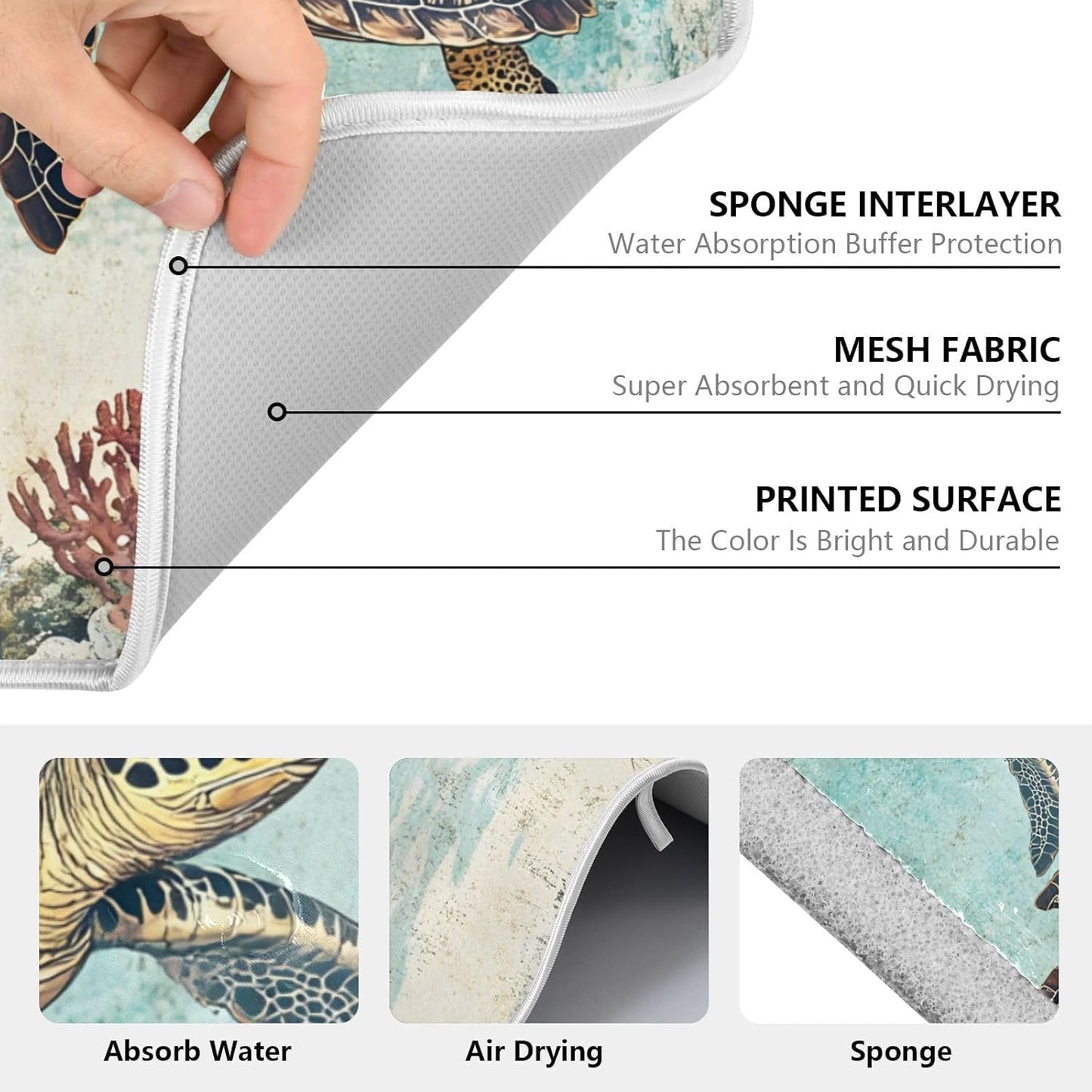 Vintage Ocean Sea Turtle04 Dish Drying Mat for Kitchen Counter Absorbent Microfiber Small Drying Pad Dish mats for Kitchen Countertops 16 x 18 Inch