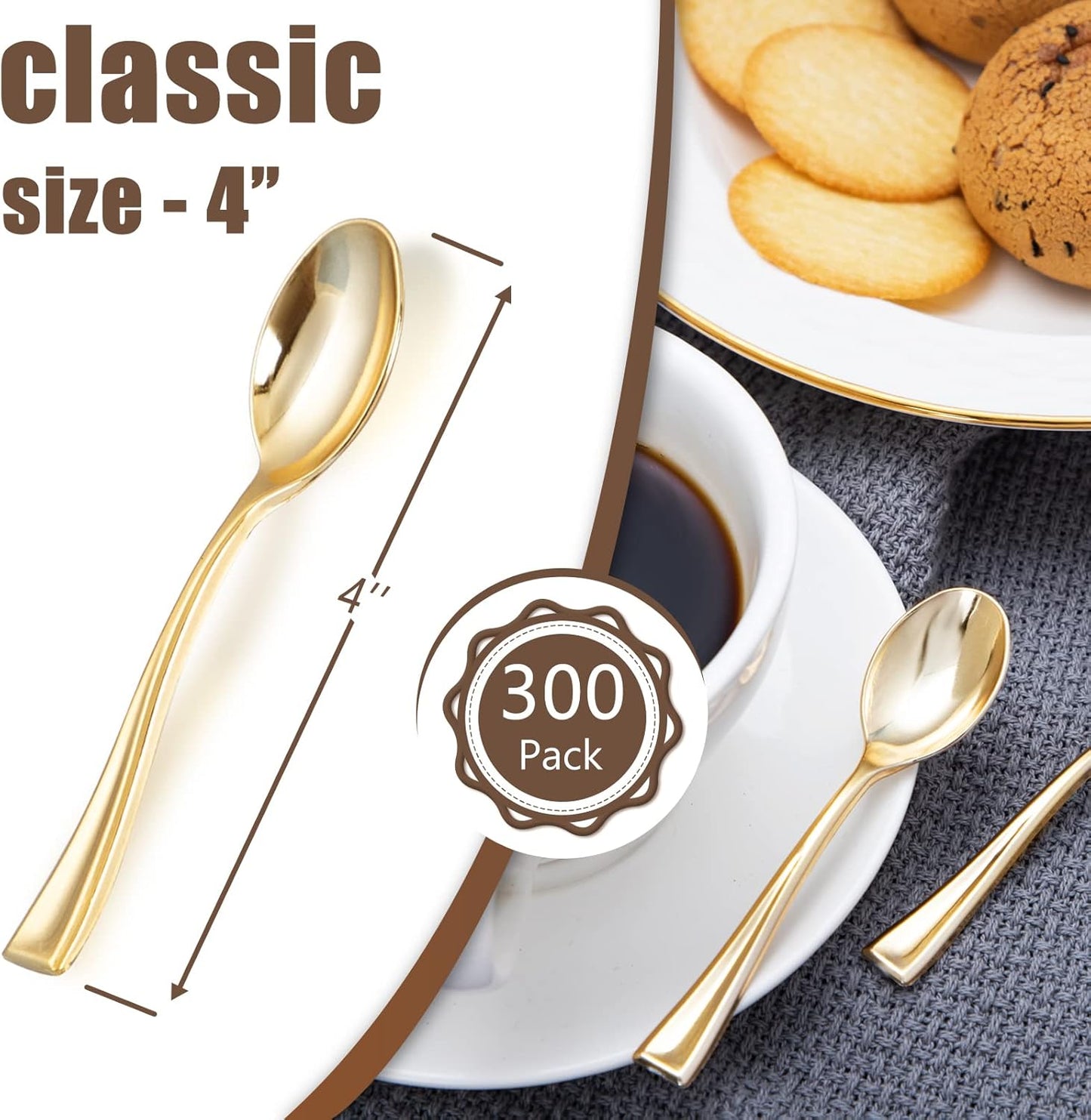 WDF 300 Pieces Plastic Gold Mini Spoons - 4 Inches Gold Plastic Tasting Spoons for Desserts, Heavy Duty Disposable Spoons Perfect for Coffee, Cake, Desserts, Appetizers