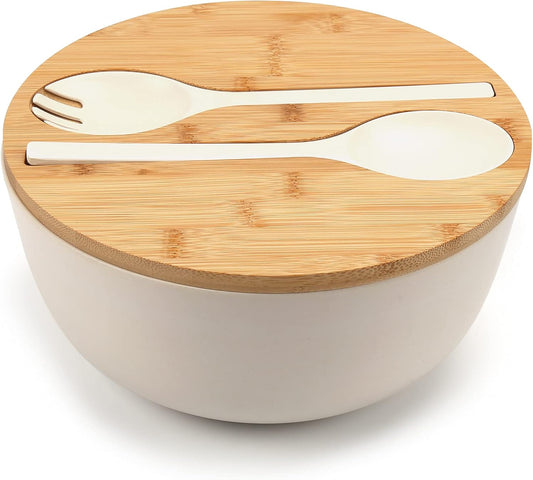 ShineMe Large Salad Bowl with Lid, Bamboo Fiber Salad Serving Bowl Set with Utensils, 9.8inches Mixing Bowl with Servers, Solid Bamboo Wooden Bowl for Salad, Fruits, Vegetables and Pasta(White)