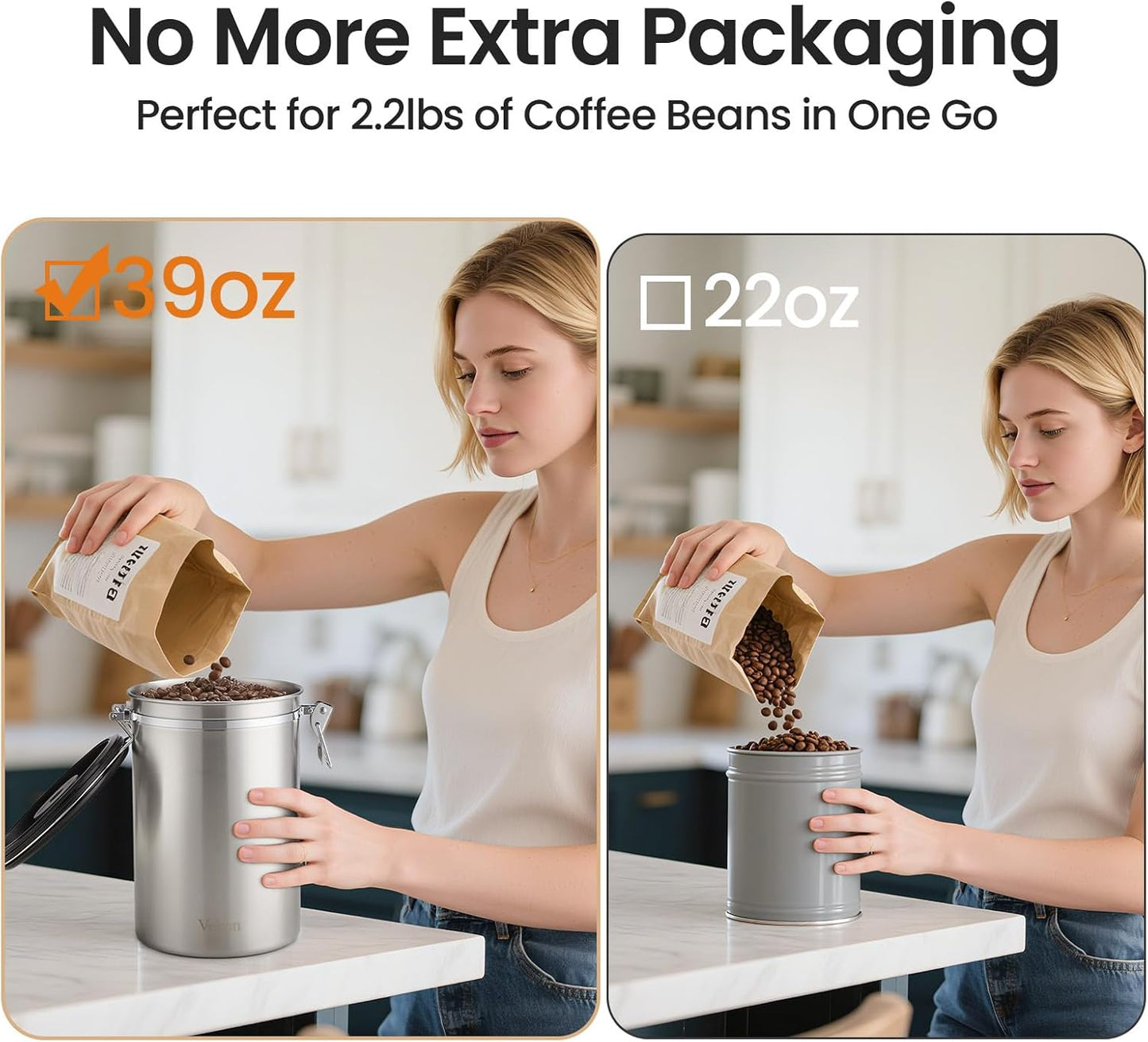 Veken Coffee Canister, 39OZ Large, Airtight Stainless Steel Food Storage Container for 2.2lbs Coffee Beans, Ground, Sugar, Tea, Flour, Rice, Cereal, Cookies Jars, Bar Accessories & Gifts, Silver