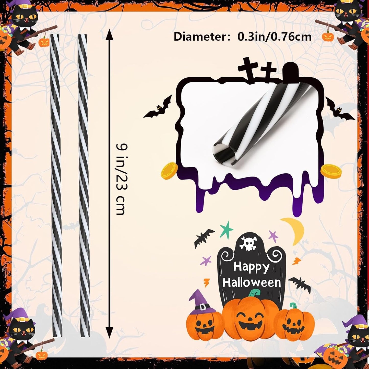 JANYUN 30 Pcs Halloween Straws Plastic, Reusable Black and White Striped 9 Inch Hard Plastic Drinking Straws with Cleaning Brush for Christmas Halloween Birthday Party Supplies Table Decorations