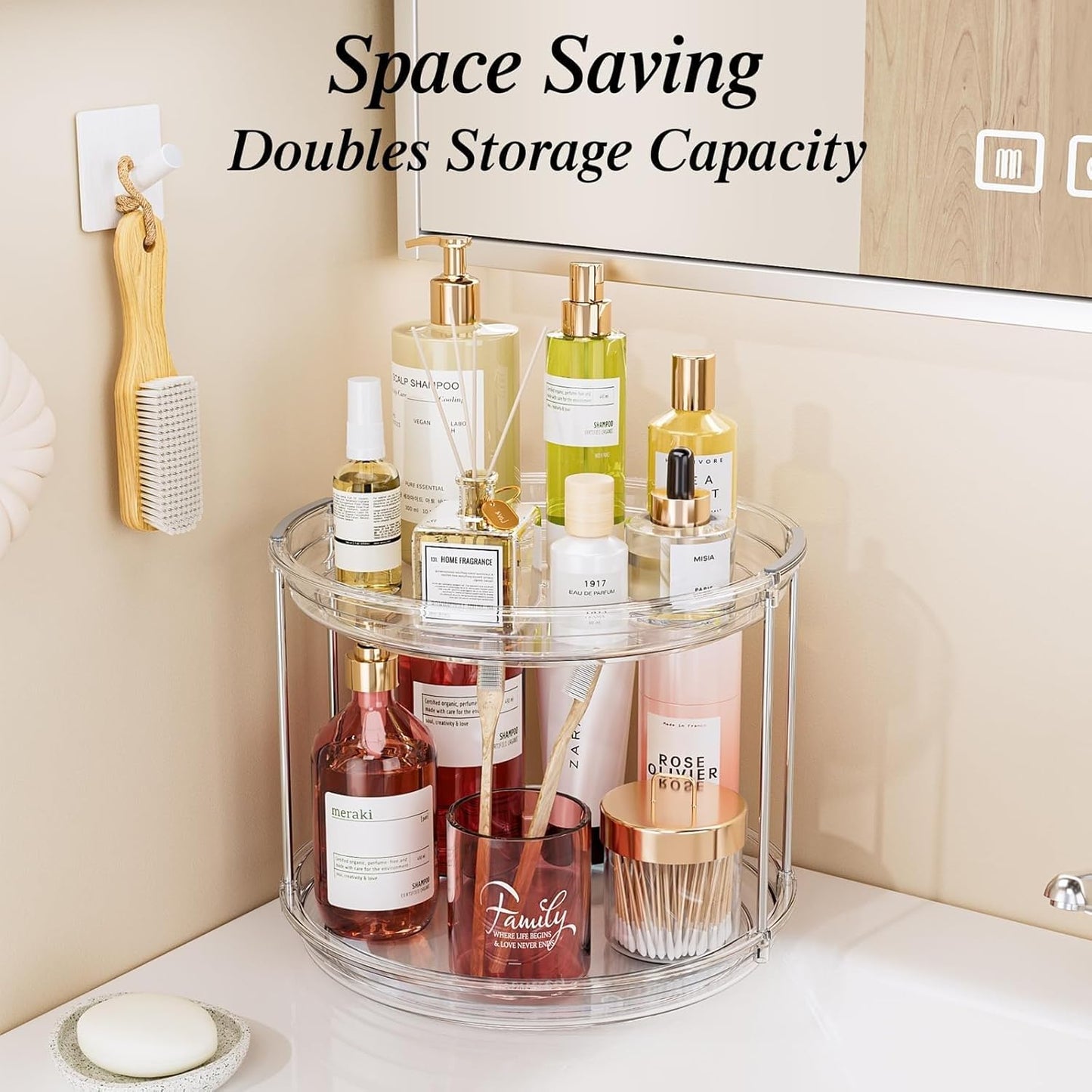 LAMU 10.6in Rotating Makeup Organizer for Vanity, 2 Tier Lazy Susan Turntable Stackable Spinning Skincare Organizer Cosmetic Perfume Tray for Bathroom Counter, Large Capacity, Clear