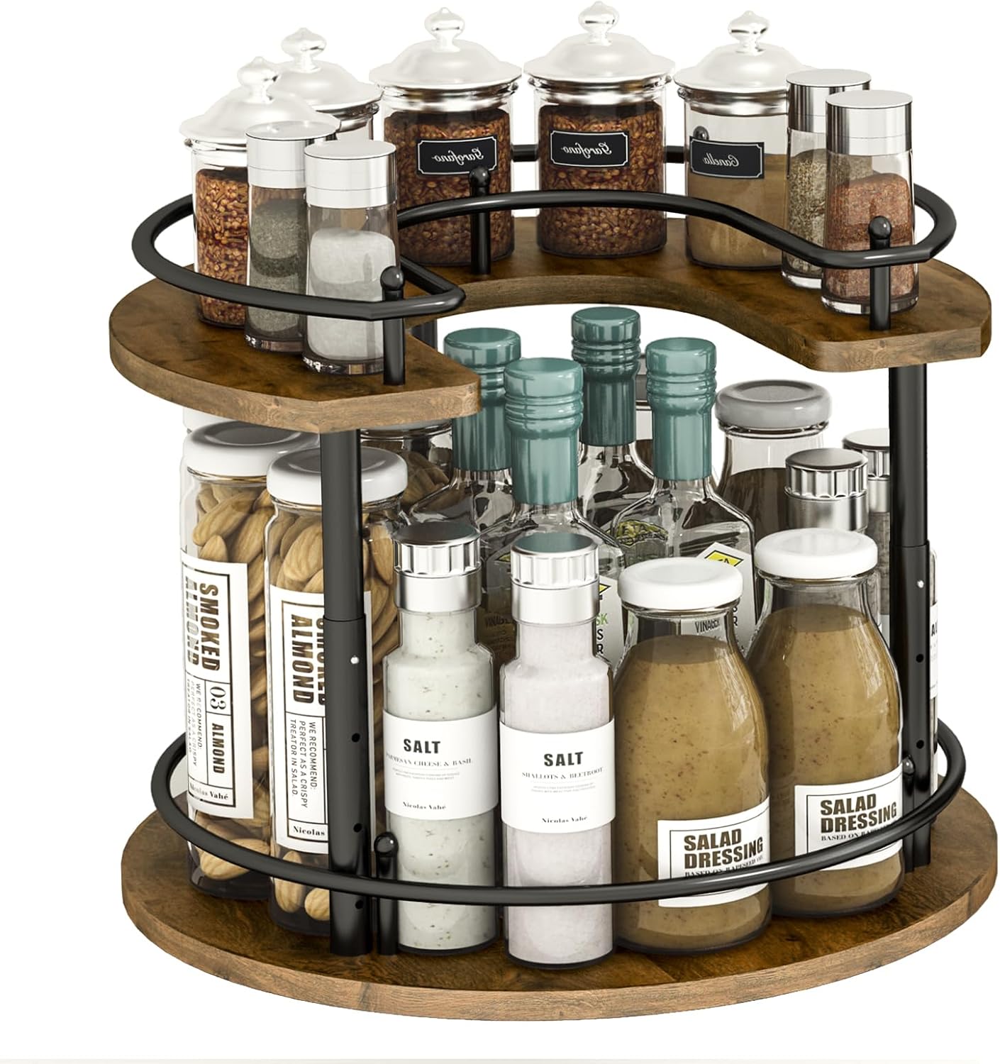 2 Tier Lazy Susan Organizer,2-Tier Spinning Spice Rack with Stable Carousel Base & 4 Height Settings for Cupboard Kitchen Countertop Dining Table Cupboard (Round)