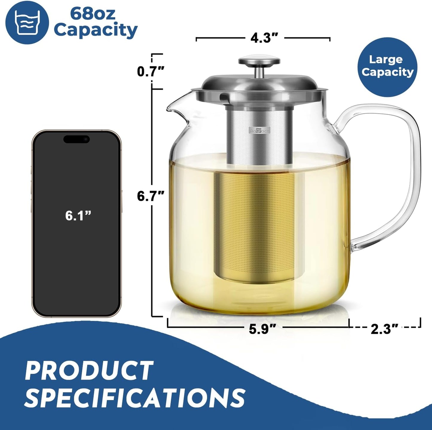 Aquach 68oz Glass Teapot with Built-in Thermometer, Stovetop & Dishwasher Safe, Borosilicate Carafe and Stainless Steel Removable Infuser