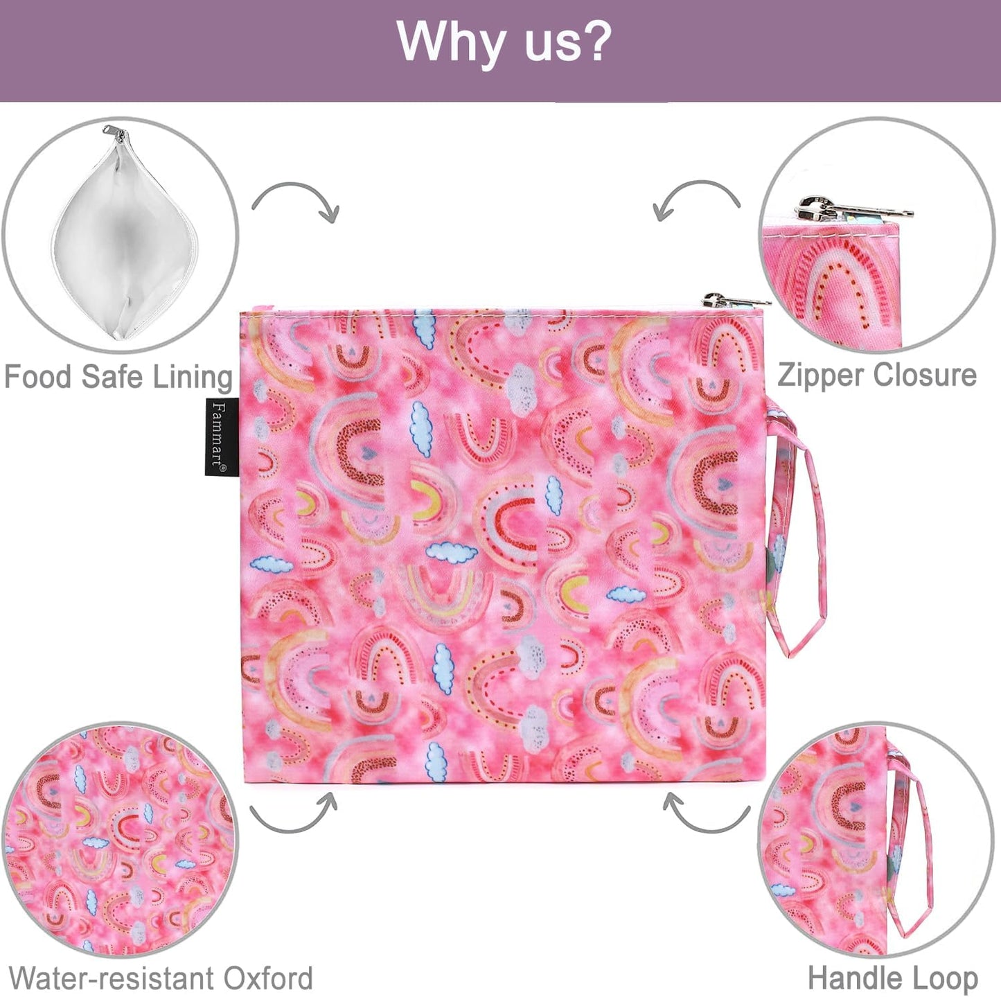 Reusable Sandwich Bag/Snack Bag for Kids & Adults, Dual Layer Lunch Bag with Handle, Washable, Food Safe, BPA Free (2-Pack, Rainbow)