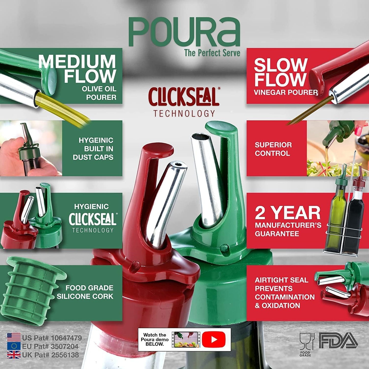 Poura Vinegar and Olive Oil Bottle Drizzler Set with Unique ClickSeal Pour Spouts | Glass Oil & Vinegar Dispenser Bottles for Cooking Kitchen Dining | Hygienic Covers + Silicone Decanter Funnel 500ml