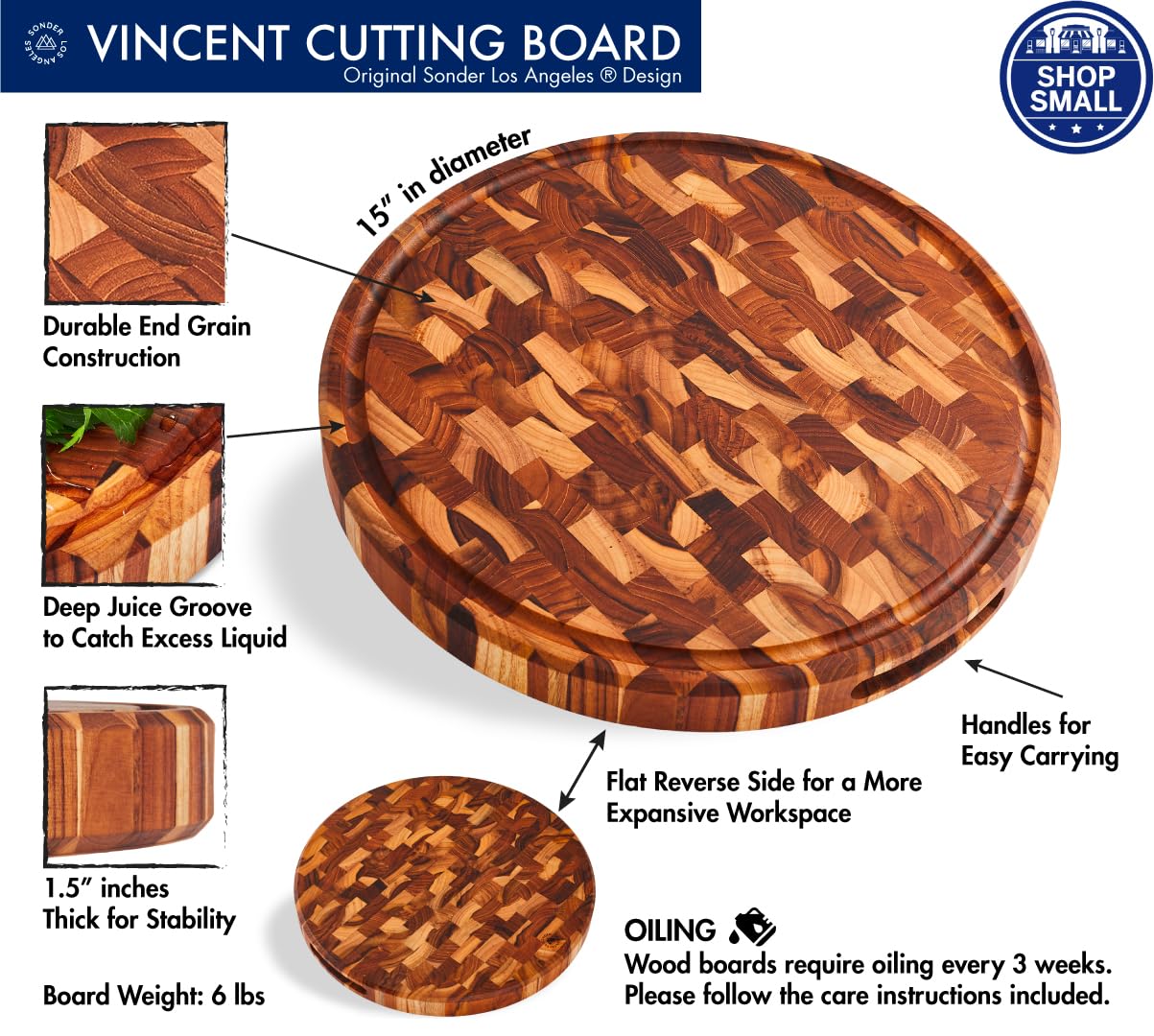 Sonder LA, End Grain Teak Wood Cutting Board 15" Round 1.5" Thick with Juice Groove and Built-in Handles, Charcuterie Serving Board (Gift Box Included)