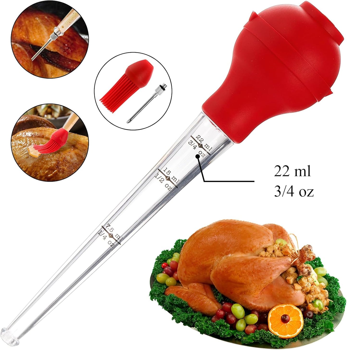 TOPZEA 2 Pack Turkey Baster for Cooking & Basting, Food Grade Baster Syringe Set Including Detachable Round Silicone Bulb, Barbecue Basting Brush, Meat Marinade Injector Needles, Cleaning Brushes