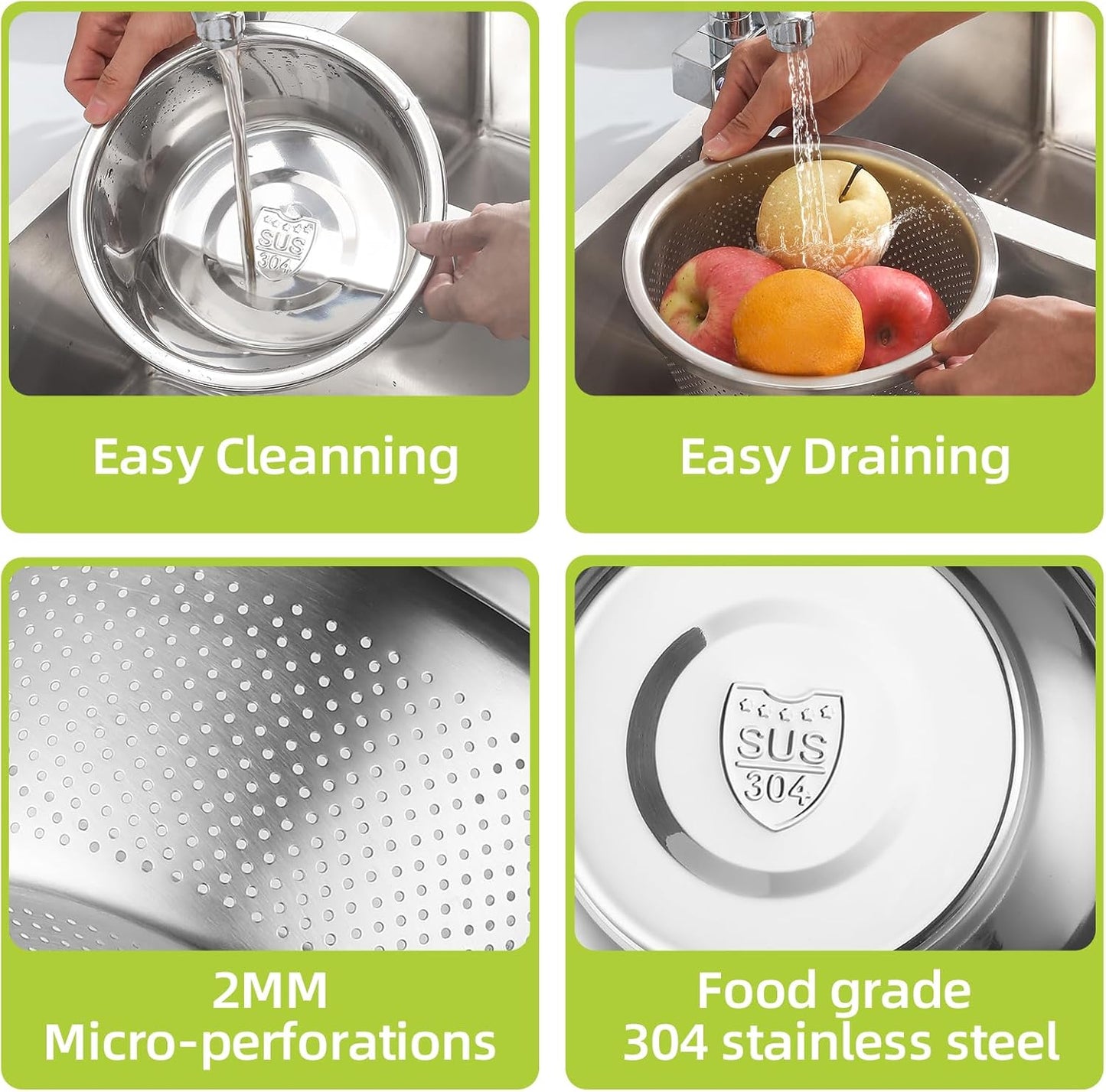 Colander Stainless Steel 304 with Mixing Bowls, 5QT Large Capability Strainers and Colanders for Kitchen, Pasta Strainer for Washing Vegetables, Fruit and Rice, Dishwasher Safe(2PCS)