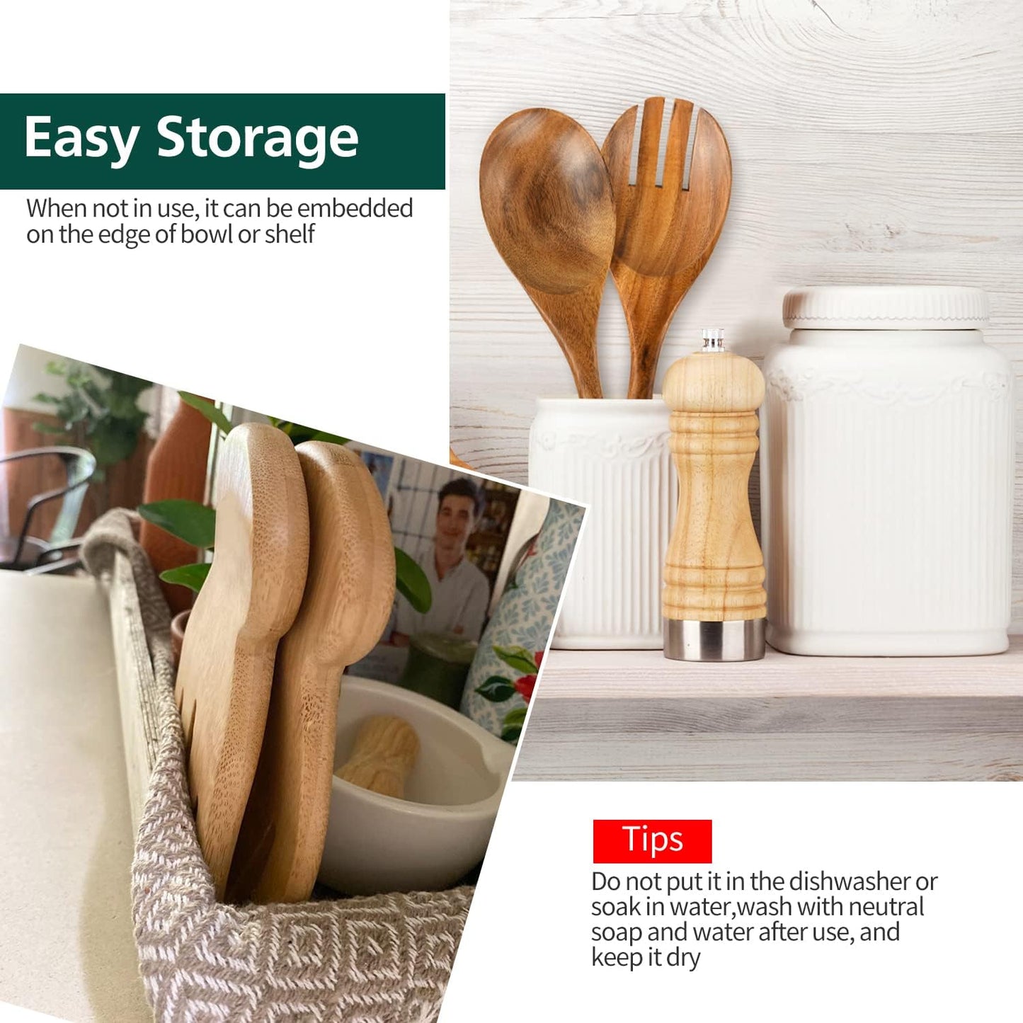 Salad Servers Salad Hands Set, Wood Salad Tongs, 10.2in Salad Spoon Fork and 7.1in Salad Hands Set, Salad Server Set for Mixing, Tossing and Cooking (Salad Server Salad Hand Set)