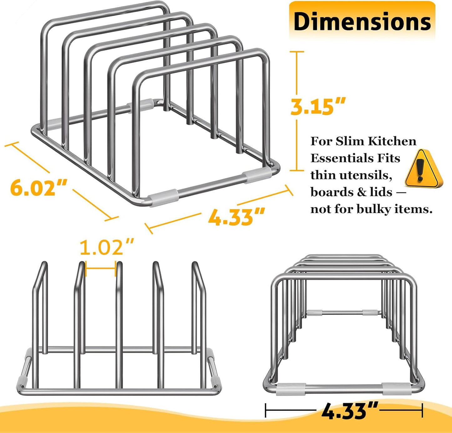 Cutting Board Organizer Stand Holder - 304 Stainless Steel Chopping Board Rack, Pot Pan Lid Holder, Kitchen Shelf for Bakeware, Cookie Sheets, 4-Slot 1.02-Inch Width Design