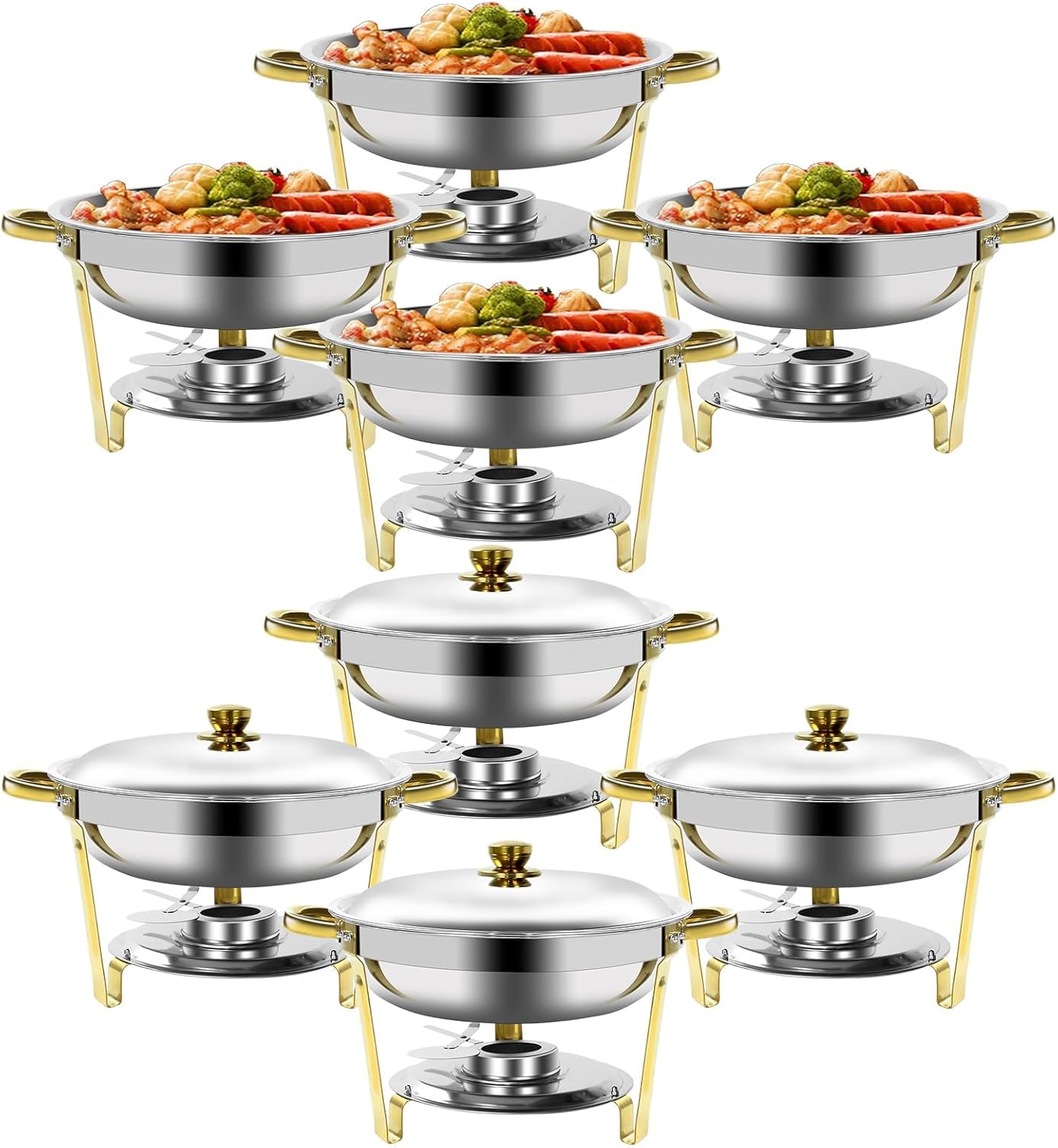 Gold & Silver Chafing Dishes for Buffet with Lid 5QT, 8 Pack - Food-Grade Stainless Steel Chafers and Buffet Warmers Sets with Lid Holder, Rolled Edge Design, for Party, Banquet