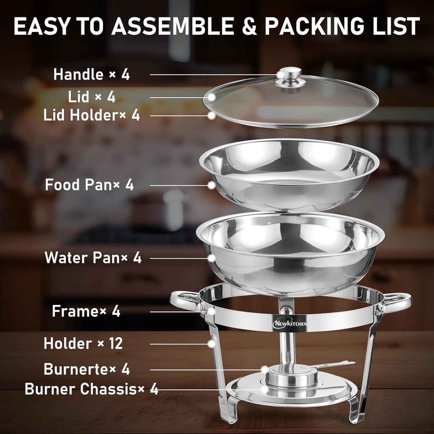 Chafing Dishes for Buffet 4 Pack, 5 QT Round Chafing Dishes for Buffet [Transparent Glass Cover] Stainless Steel Chafing Dish Buffet Set for Any Party