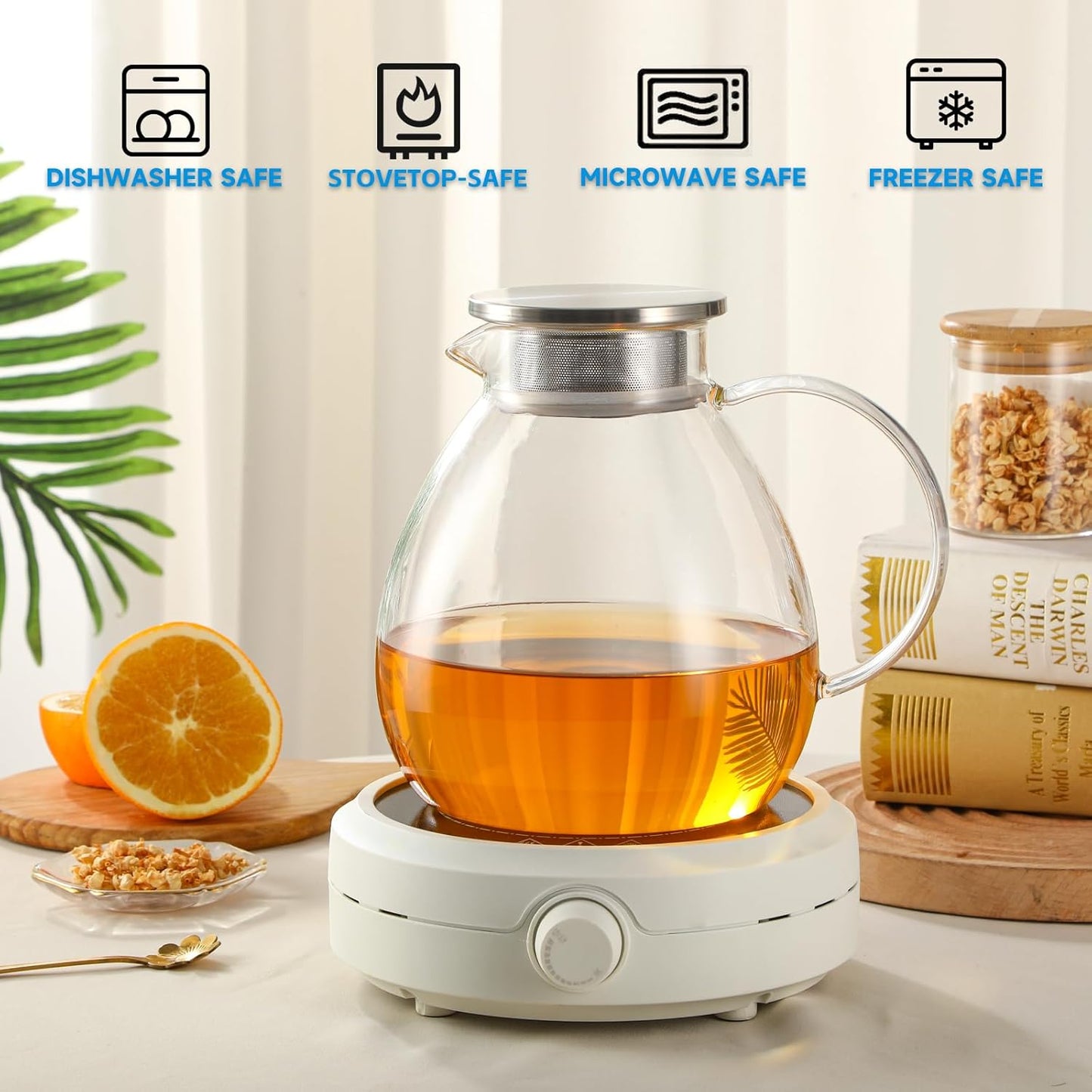 68OZ/2000ML One Touch Glass Teapot with Stainless Steel Filter Lid, Stovetop & Microwave Safe Tea Maker Water Kettle, Strainer & Cover 2 in 1 Loose Leaf Tea Steeper Pot Coffee Carafe