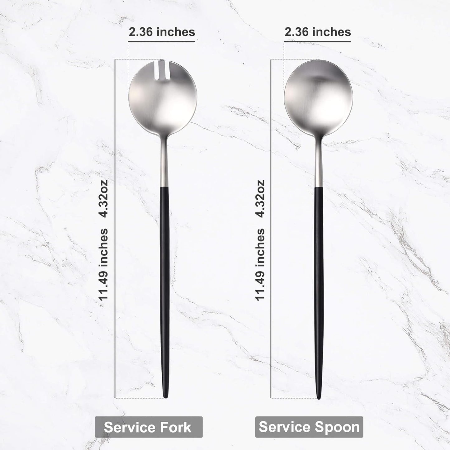 Silver Black Salad Serving Utensils,Serving Spoons Stainless Steel,2Pcs Long Handle Salad Servers 11.42 Inch,Salad Utensils for Serving,Matte Finish,Dishwasher Safe