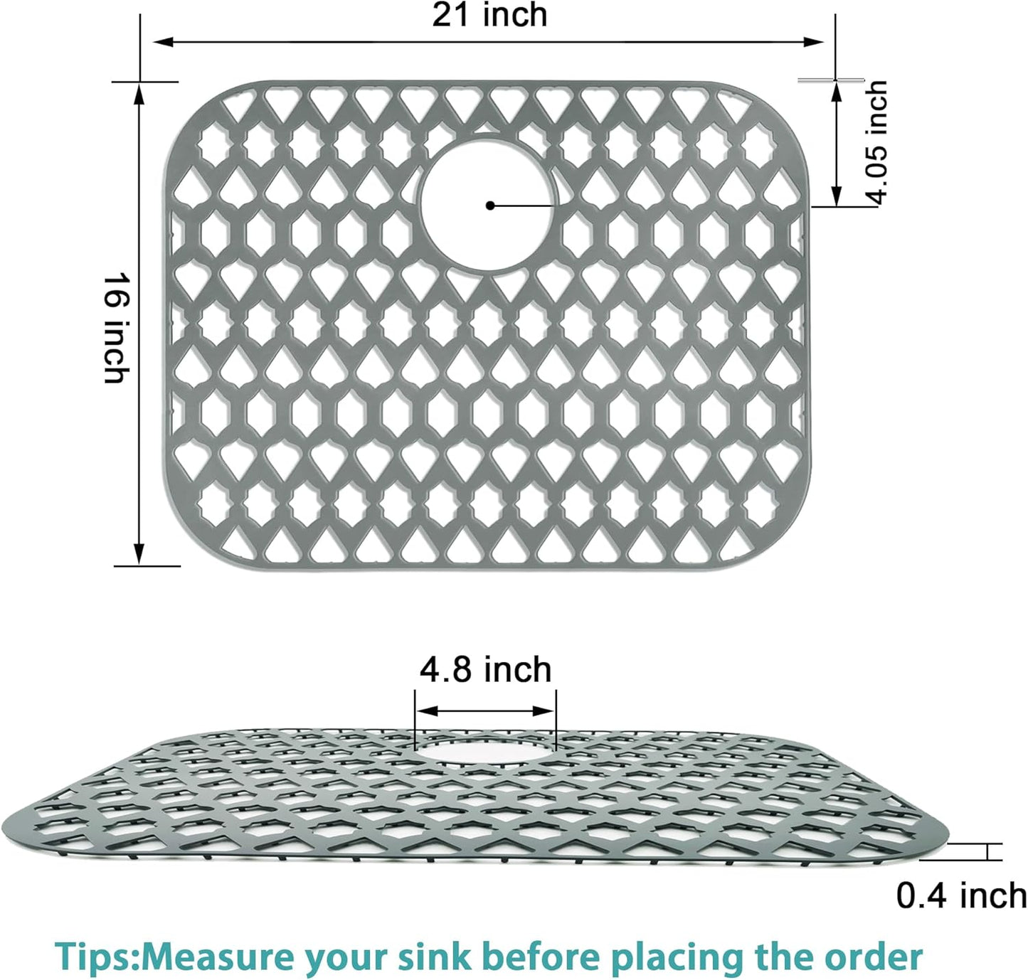 Sink Protectors for Kitchen Sink 13x11 &16x12 &19x14 &21x16 &22x13 &24x13 &26x14 &28x14 &30x16, Large Silicone Sink Mats Grid for Bottom of Farmhouse Sink (21”x16”, Rear Drain)